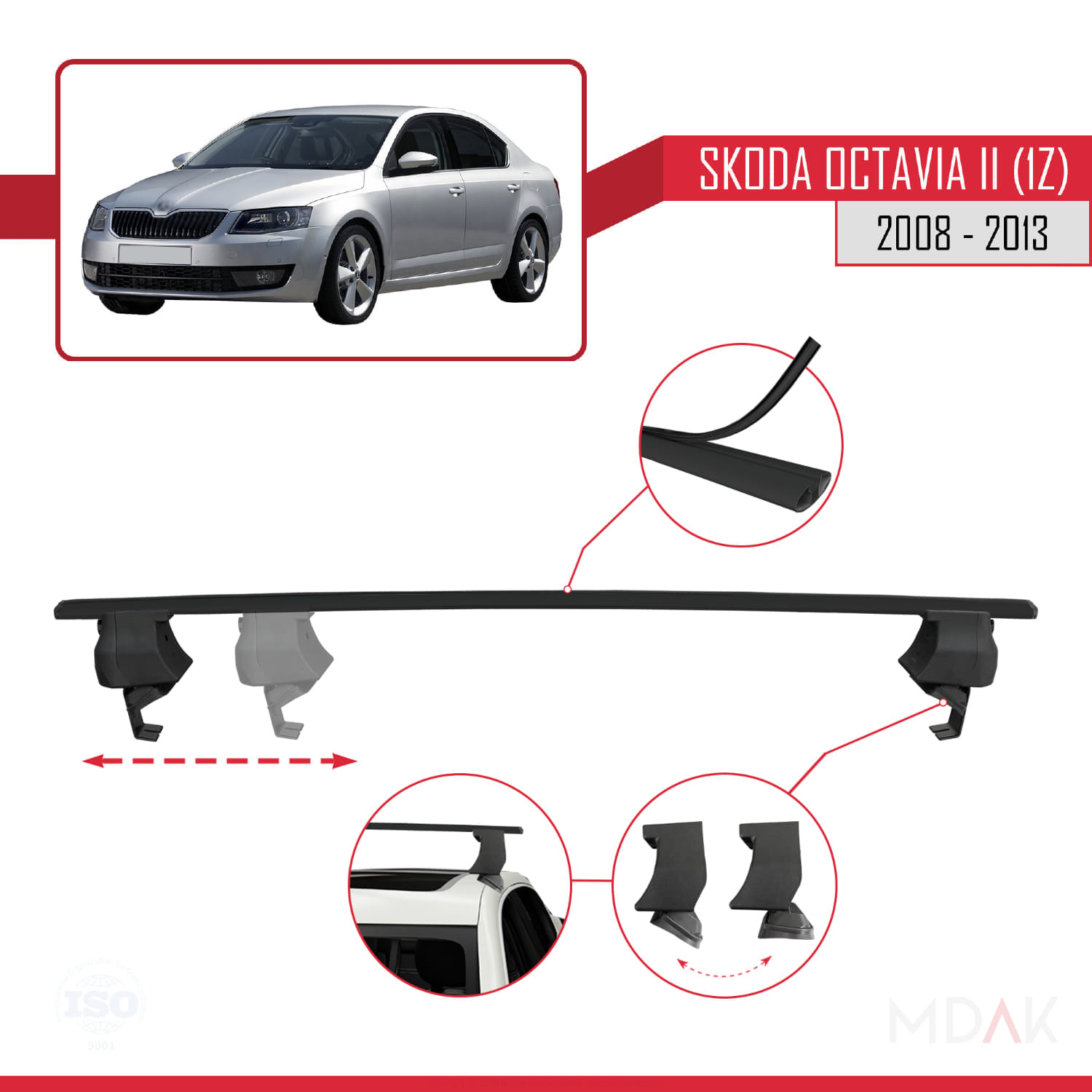 Skoda Octavia 2 (1Z) Post-Facelift 2008-2013 Arası ile Uyumlu ACE-4 Ara Atkı Tavan Barı Siyah 2 Adet - Görsel 3