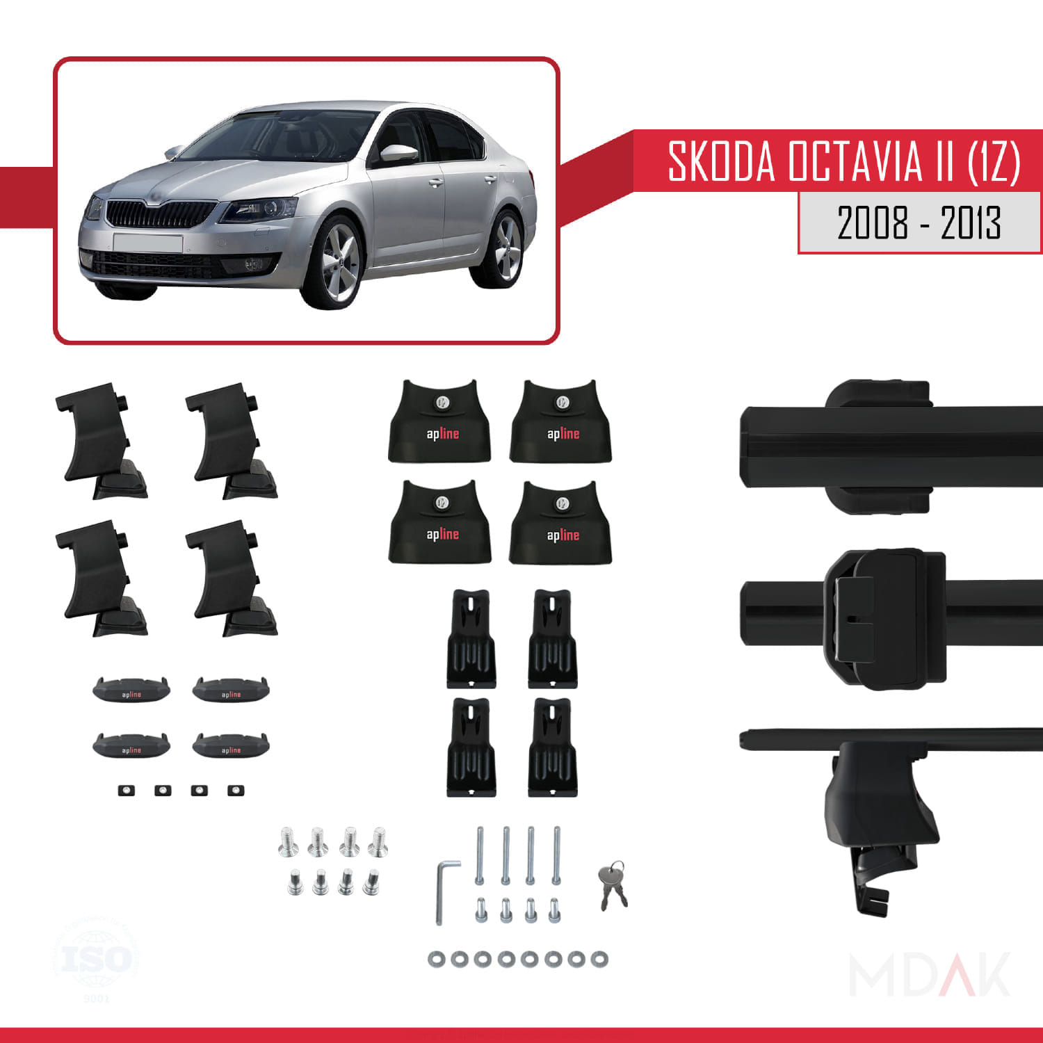 Skoda Octavia 2 (1Z) Post-Facelift 2008-2013 Arası ile Uyumlu ACE-4 Ara Atkı Tavan Barı Siyah 2 Adet - Görsel 5