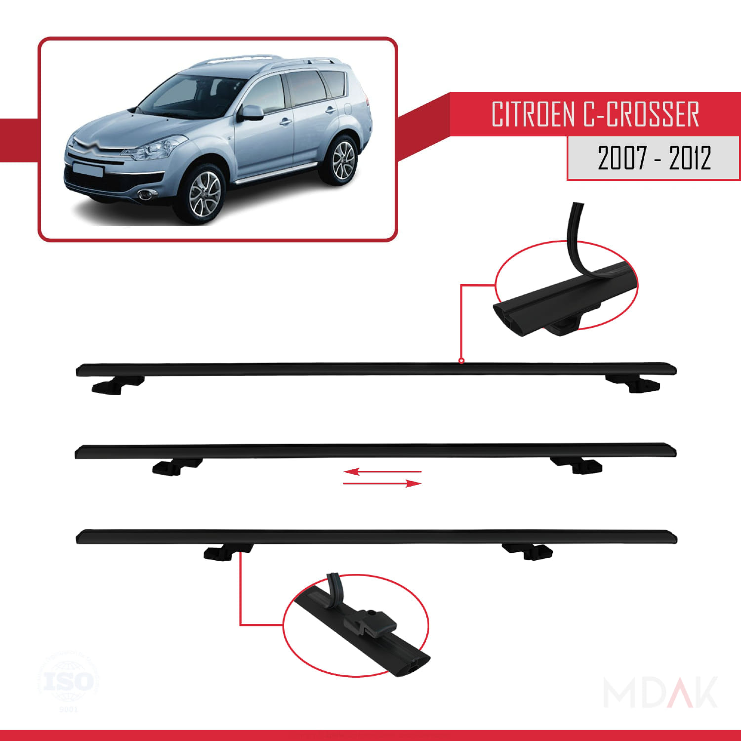 Citroen C-Crosser 2007-2012 Arası ile Uyumlu BASIC Model Ara Atkı Tavan Barı Siyah 2 Adet - Görsel 5