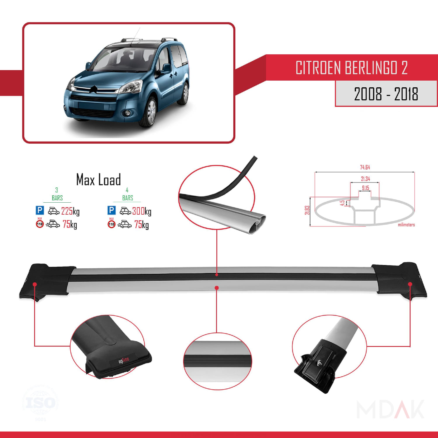 Citroen Berlingo 2 (B9) 2008-2018 Arası ile Uyumlu FLY Model Ara Atkı Tavan Barı Gri 3 Adet - Görsel 4