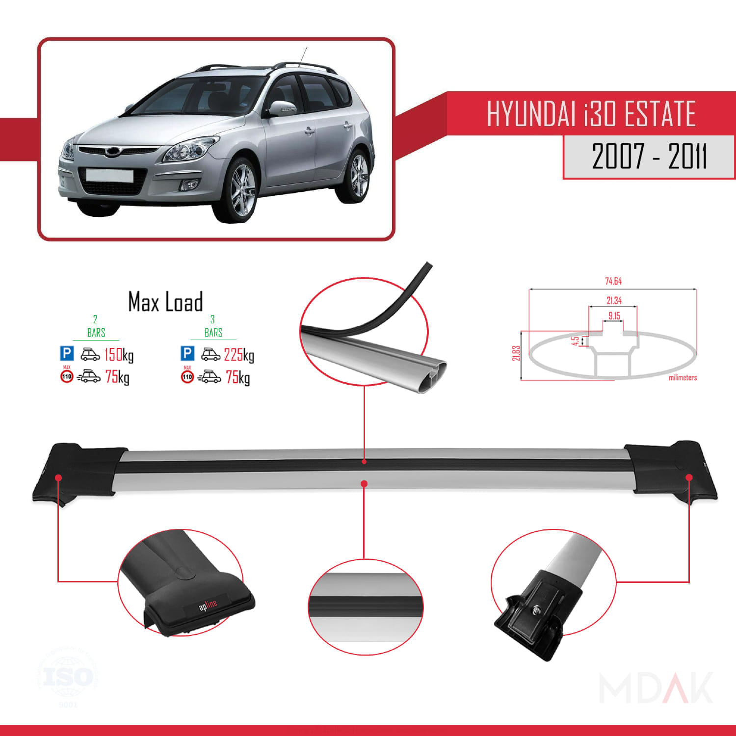 Hyundai i30 (FD) SW 2007-2011 Arası ile Uyumlu FLY Model Ara Atkı Tavan Barı Gri 2 Adet - Görsel 4