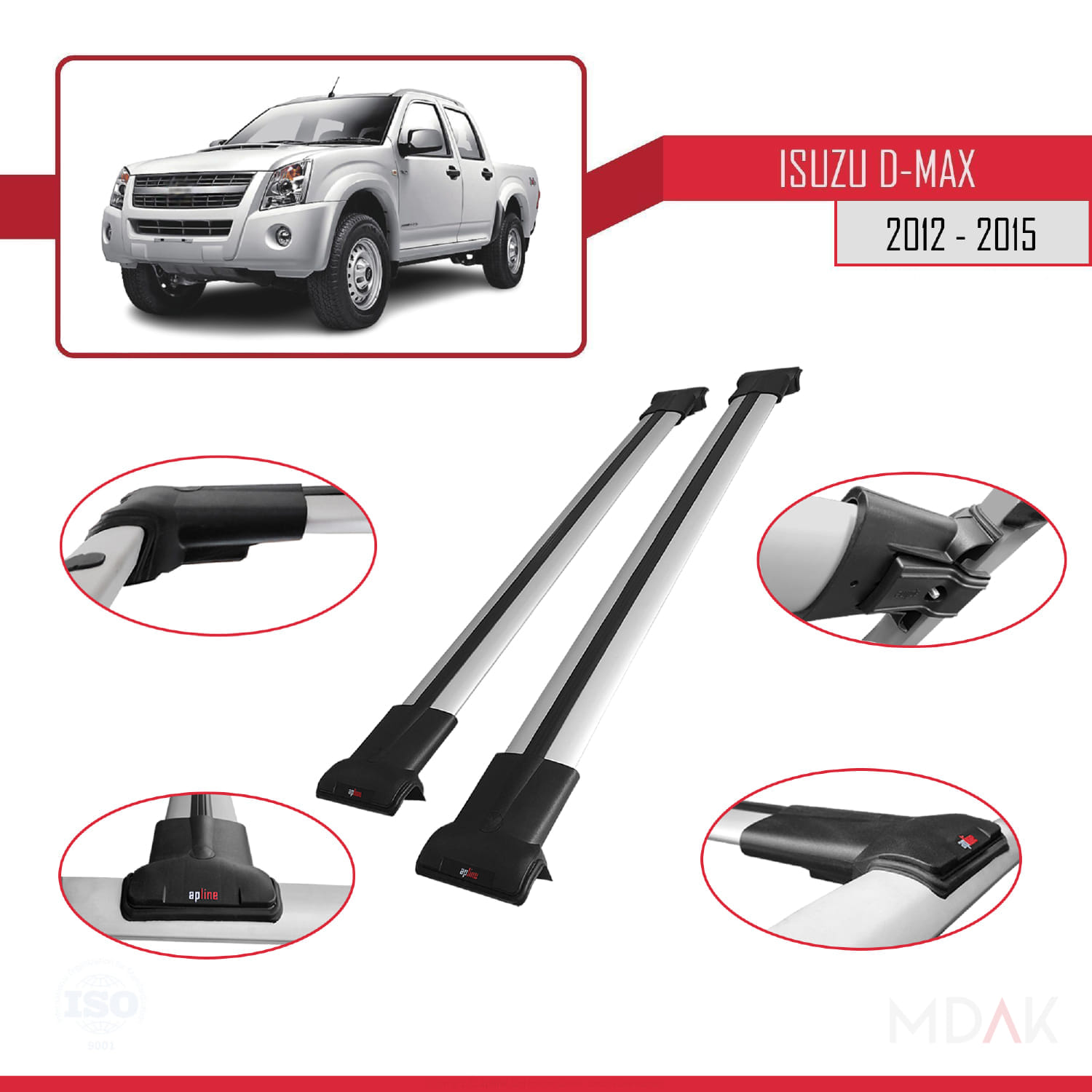 Isuzu D-Max 2 (RT50) Pre-Facelift 2012-2015 Arası ile Uyumlu FLY Model Ara Atkı Tavan Barı Gri 2 Adet - Görsel 3