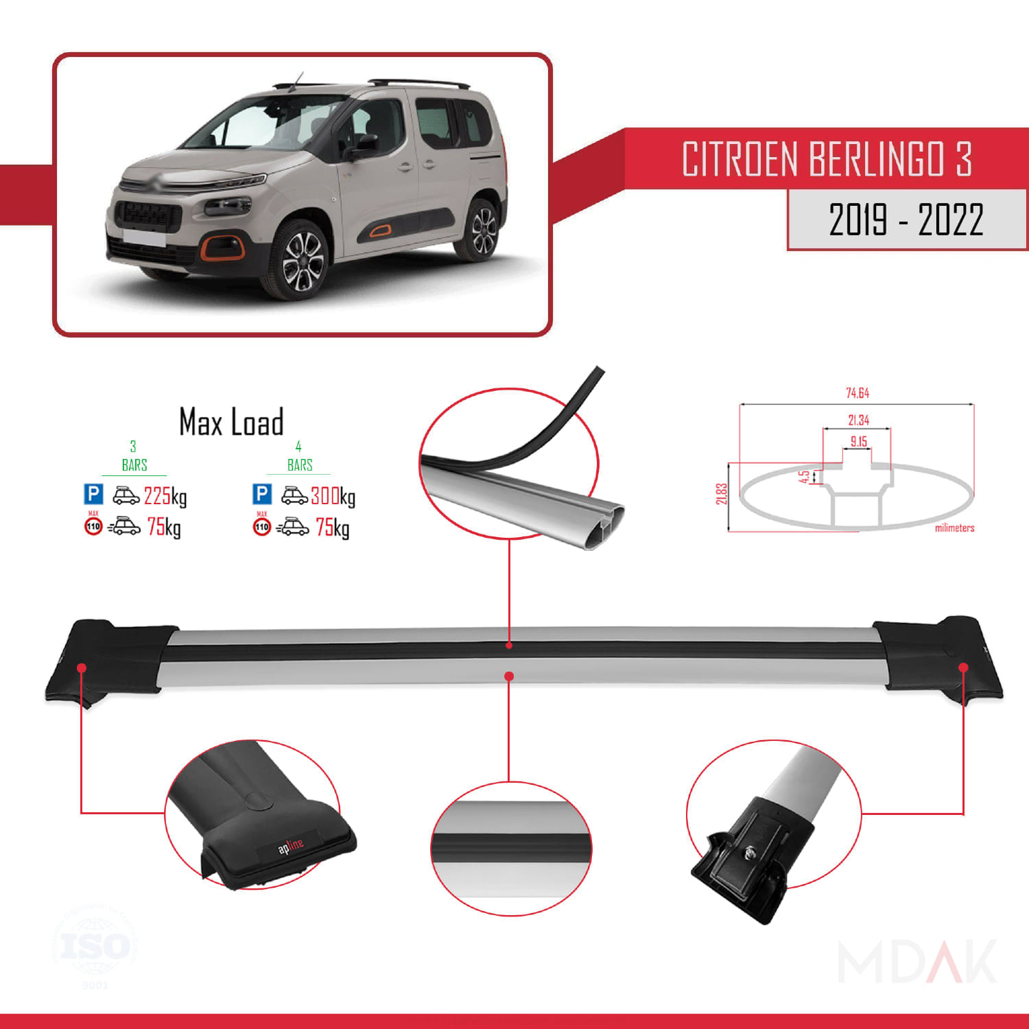 Citroen Berlingo 3 (K9) 2019-2022 Arası ile Uyumlu FLY Model Ara Atkı Tavan Barı Gri 3 Adet - Görsel 3