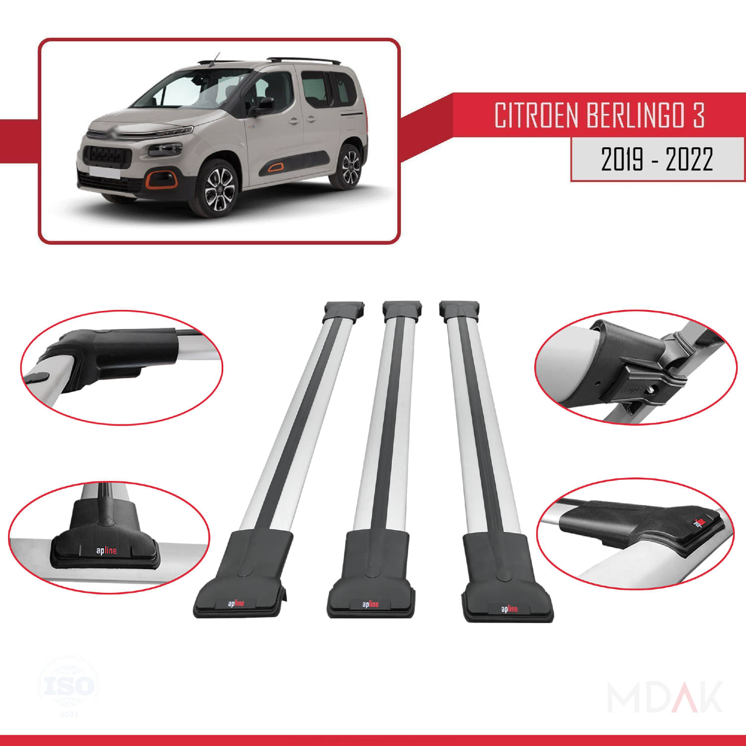 Citroen Berlingo 3 (K9) 2019-2022 Arası ile Uyumlu FLY Model Ara Atkı Tavan Barı Gri 3 Adet - Görsel 4