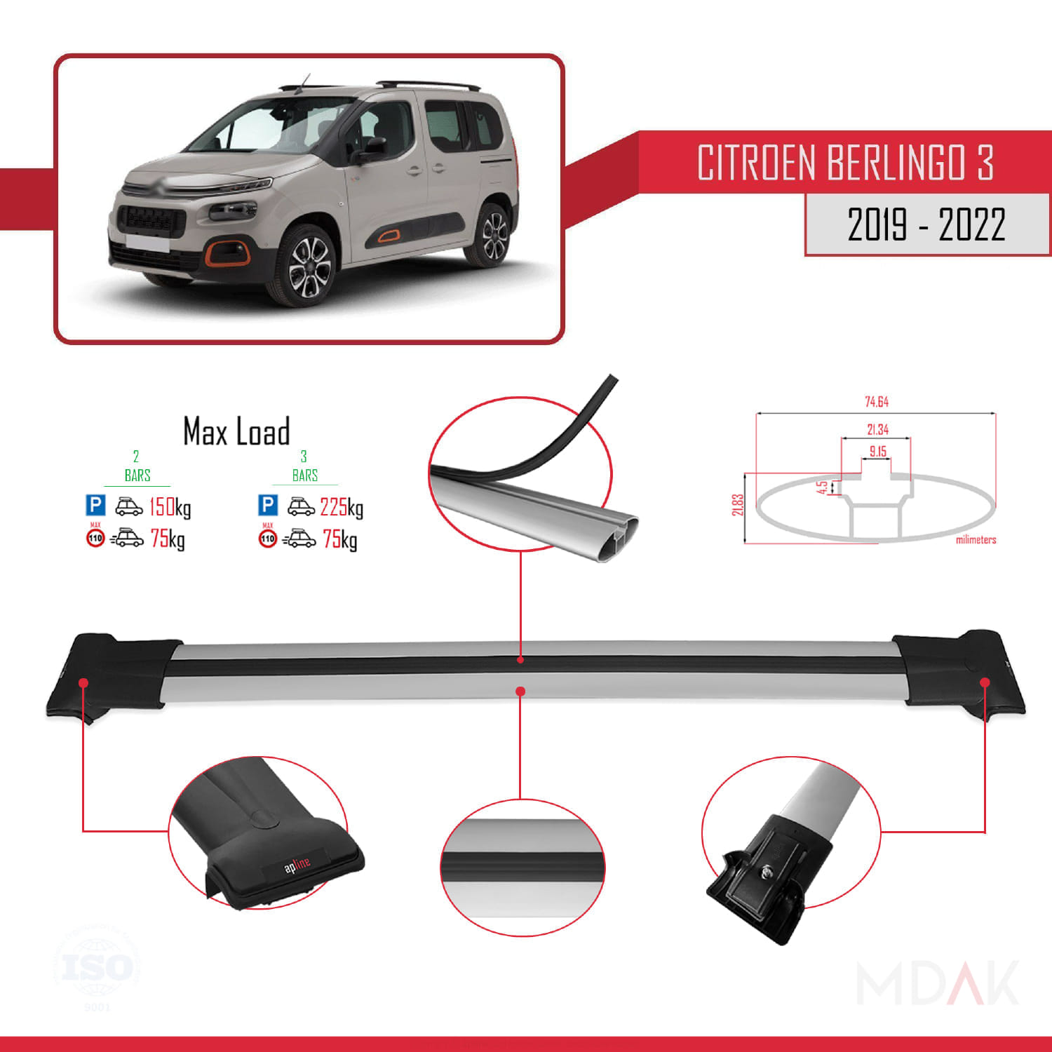 Citroen Berlingo 3 (K9) 2019-2022 Arası ile Uyumlu FLY Model Ara Atkı Tavan Barı Gri 2 Adet - Görsel 4