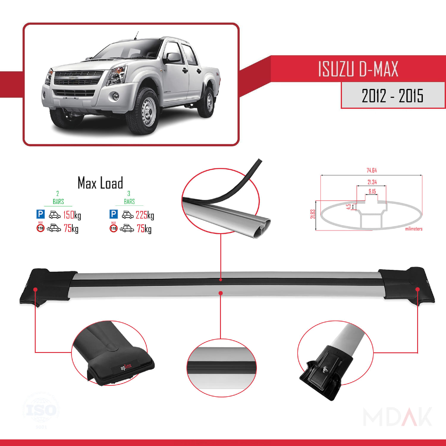 Isuzu D-Max 2 (RT50) Pre-Facelift 2012-2015 Arası ile Uyumlu FLY Model Ara Atkı Tavan Barı Gri 2 Adet - Görsel 4