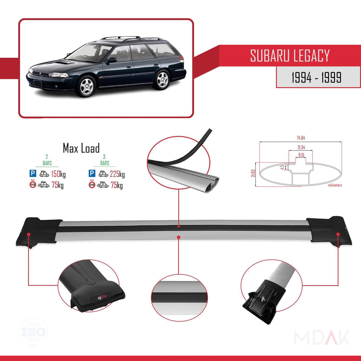Subaru Legacy 2 (BD) 1994-1999 Arası ile Uyumlu FLY Model Ara Atkı Tavan Barı Gri 2 Adet - Görsel 3