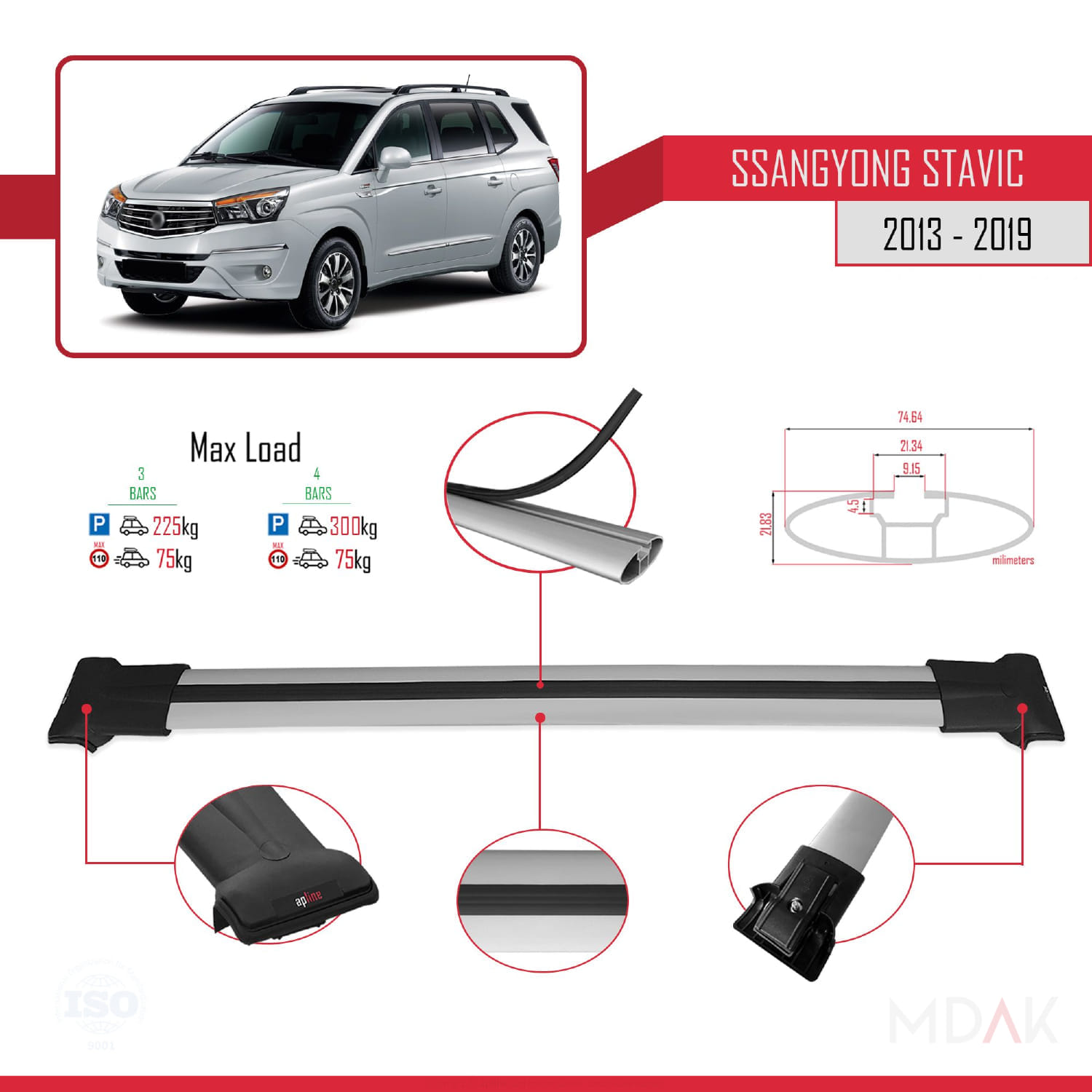 Ssangyong Stavic 2 2013-2019 Arası ile Uyumlu FLY Model Ara Atkı Tavan Barı Gri 3 Adet - Görsel 3