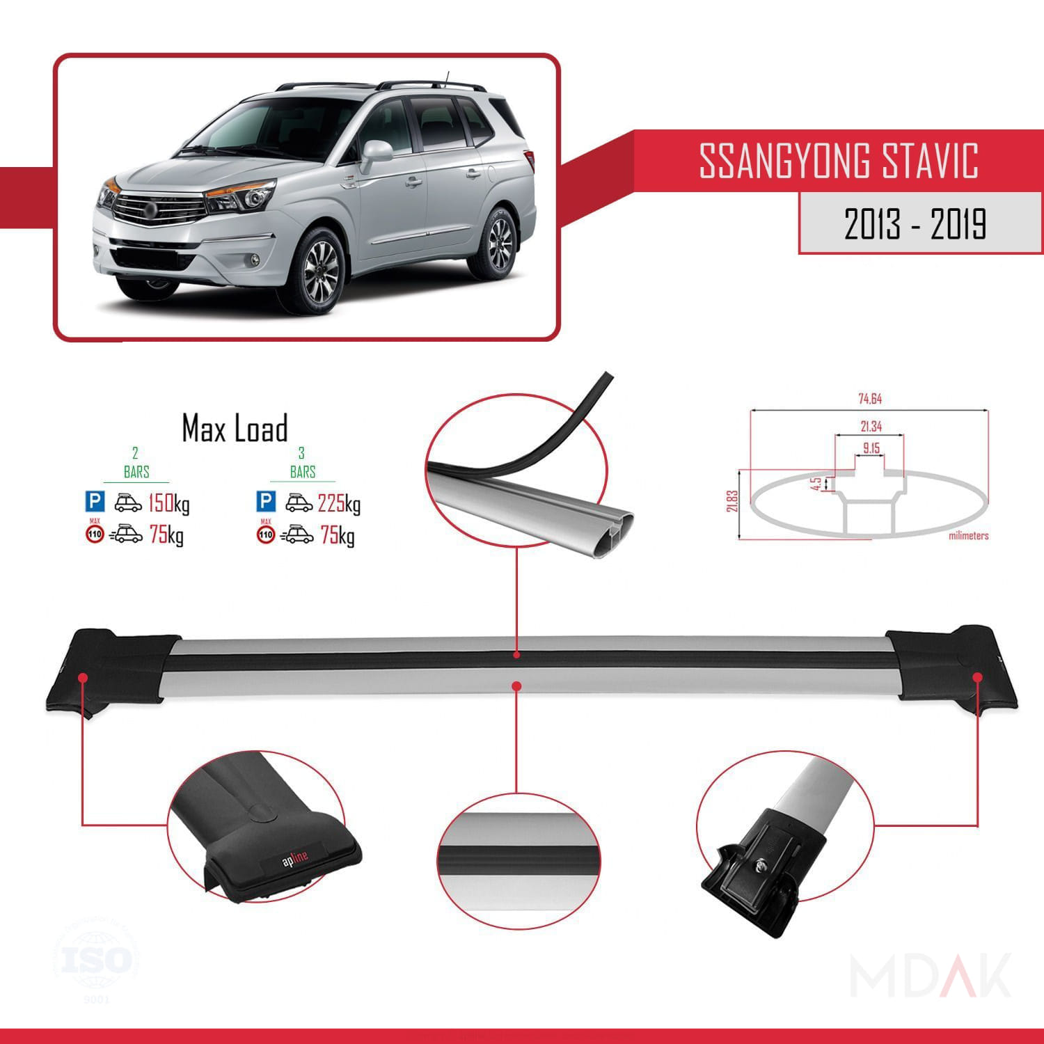 Ssangyong Stavic 2 2013-2019 Arası ile Uyumlu FLY Model Ara Atkı Tavan Barı Gri 2 Adet - Görsel 3