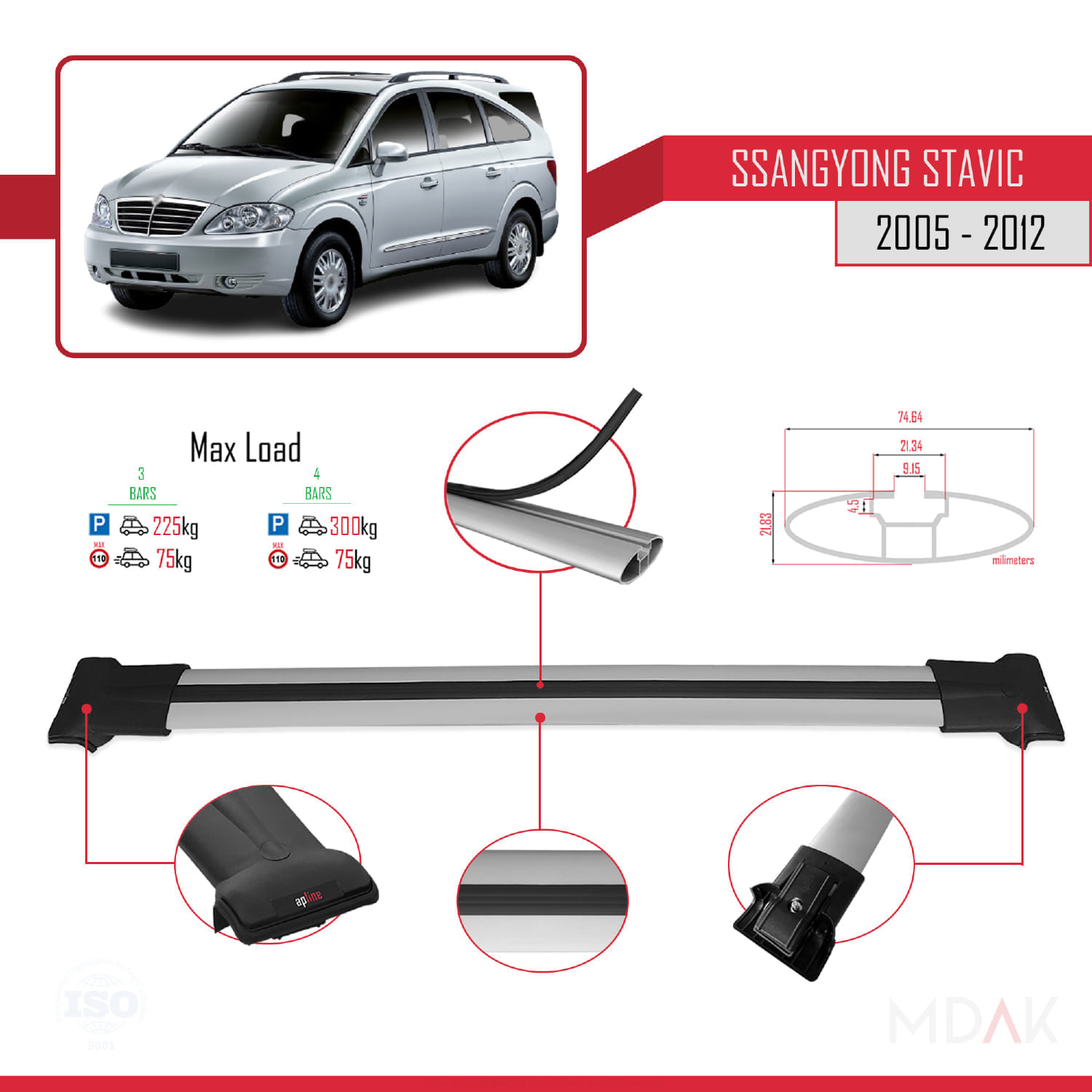 Ssangyong Stavic 2005-2012 Arası ile Uyumlu FLY Model Ara Atkı Tavan Barı Gri 3 Adet - Görsel 3