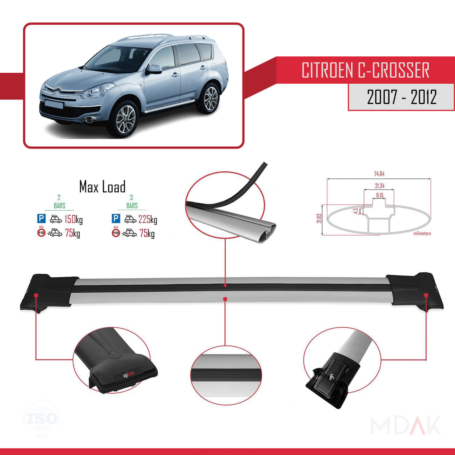 Citroen C-Crosser 2007-2012 Arası ile Uyumlu FLY Model Ara Atkı Tavan Barı Gri 2 Adet - Görsel 3