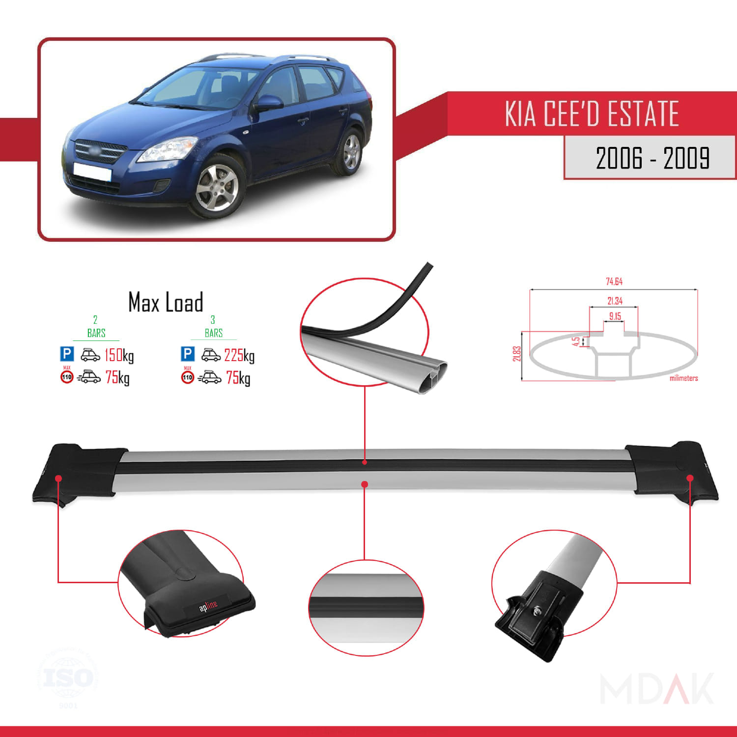 Kia Ceed (ED) SW Pre-Facelift 2006-2009 Arası ile Uyumlu FLY Model Ara Atkı Tavan Barı Gri 2 Adet - Görsel 4