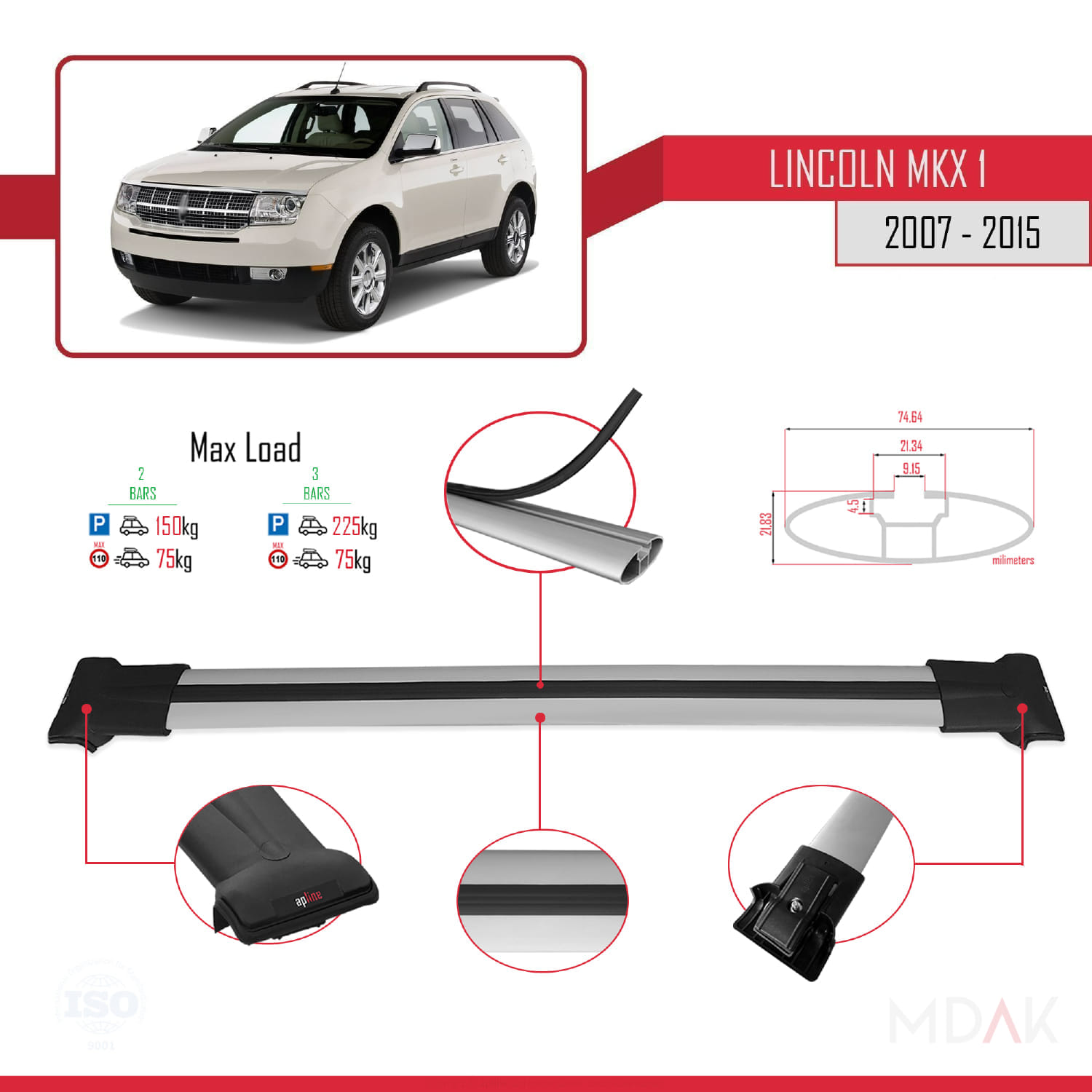 Lincoln MKX (U388) 2007-2015 Arası ile Uyumlu FLY Model Ara Atkı Tavan Barı Gri 2 Adet - Görsel 4