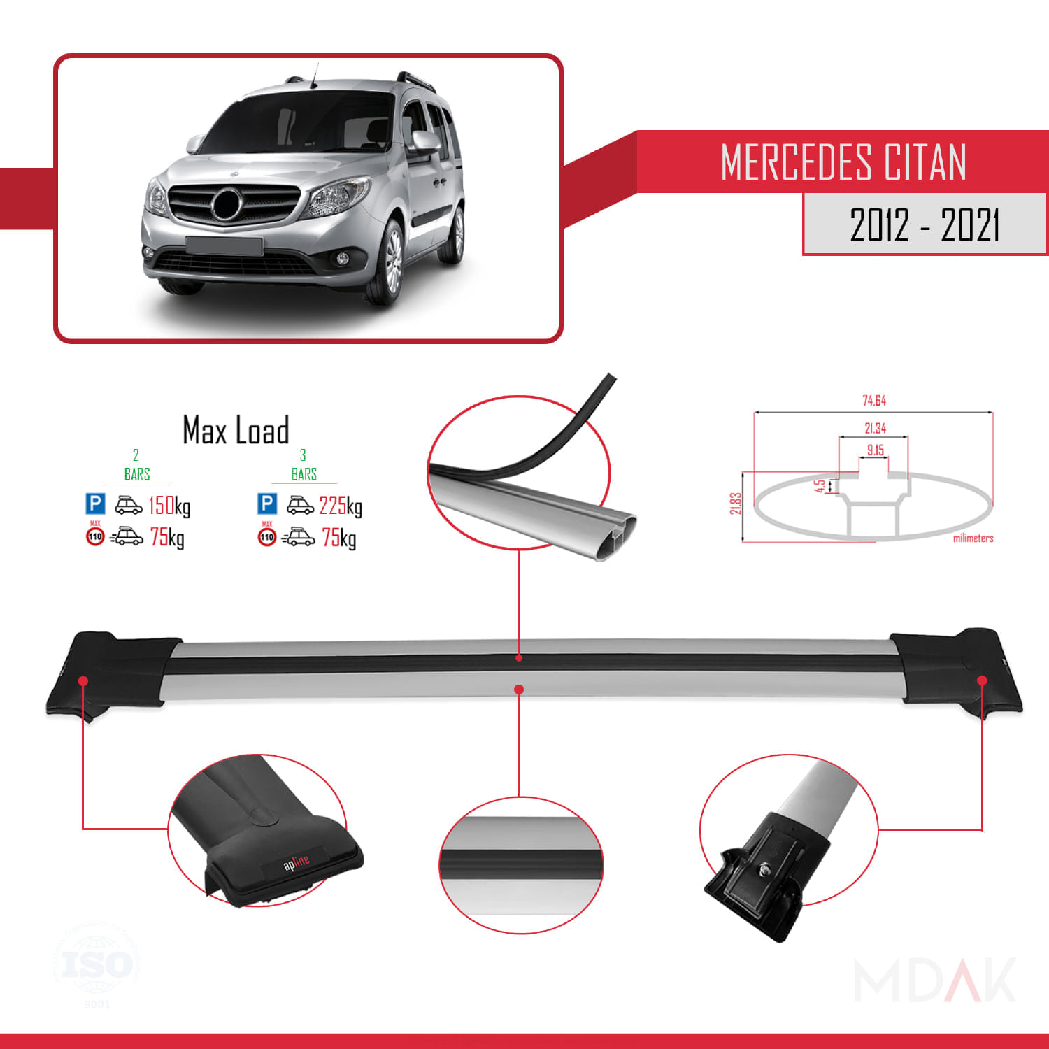 Mercedes Citan (W415) 2012-2021 Arası ile Uyumlu FLY Model Ara Atkı Tavan Barı Gri 2 Adet - Görsel 4