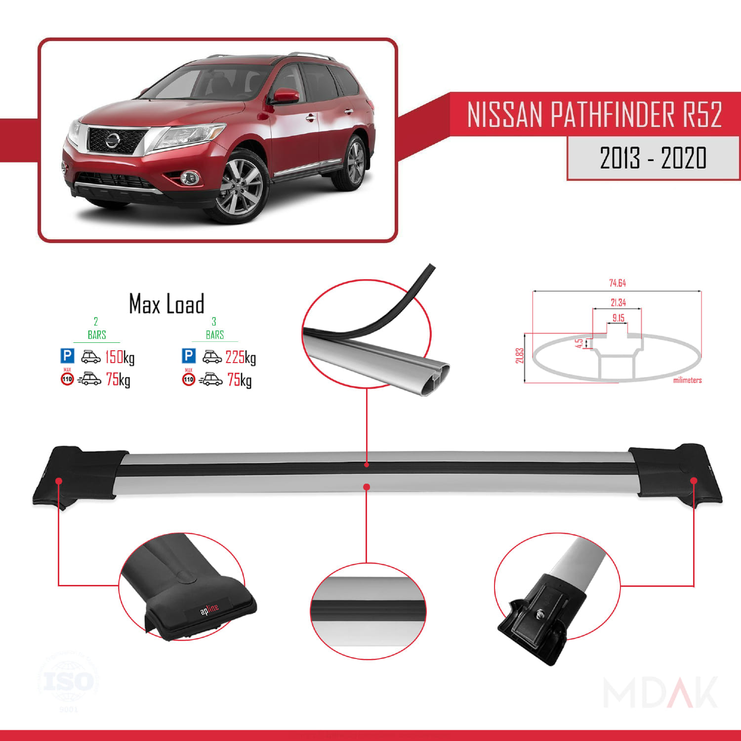 Nissan Pathfinder 4 (R52) 2013-2020 Arası ile Uyumlu FLY Model Ara Atkı Tavan Barı Gri 2 Adet - Görsel 4