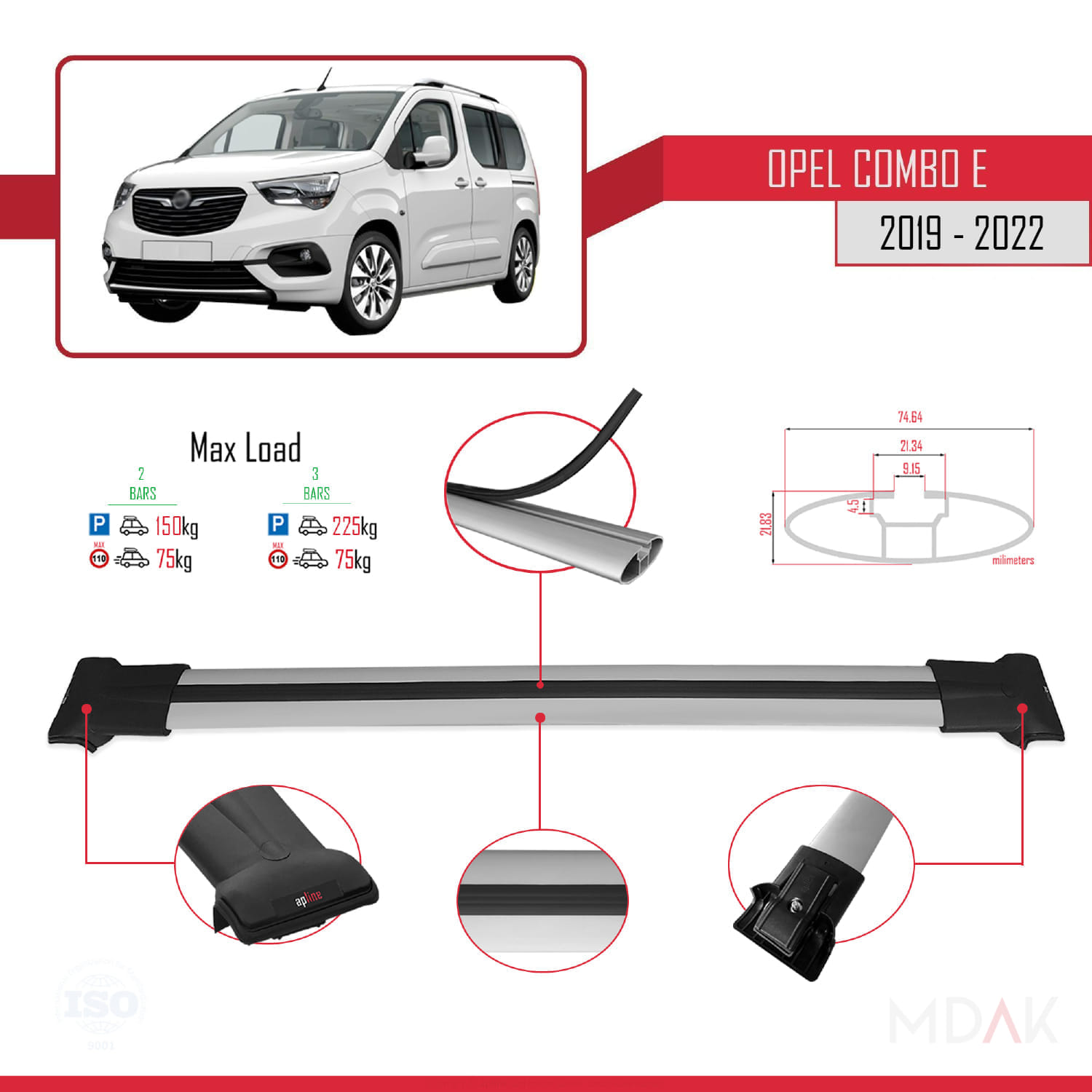 Opel Combo D 2012-2018 Arası ile Uyumlu FLY Model Ara Atkı Tavan Barı Gri 2 Adet - Görsel 4