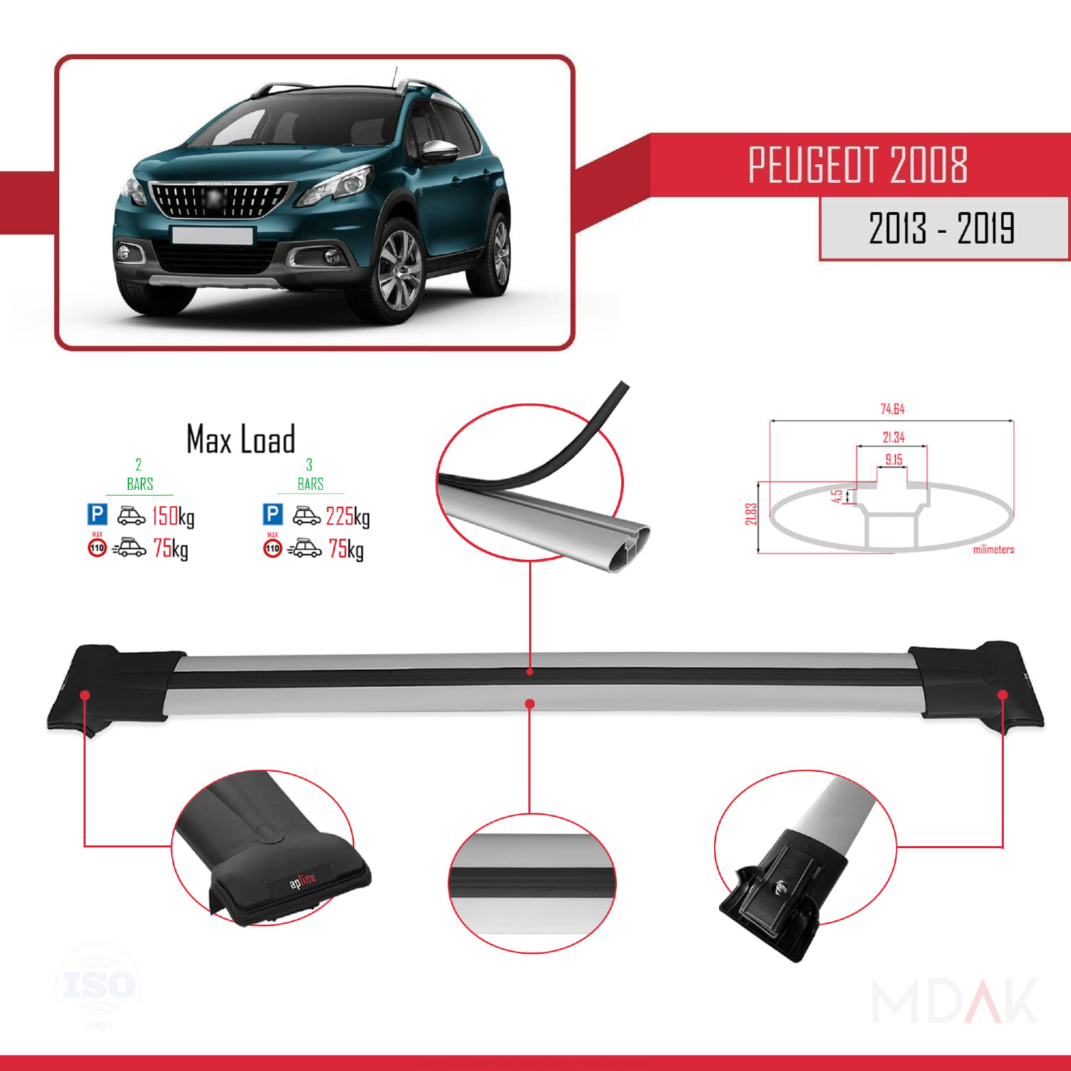 Peugeot 2008 (A94) 2013-2019 Arası ile Uyumlu FLY Model Ara Atkı Tavan Barı Gri 2 Adet - Görsel 4