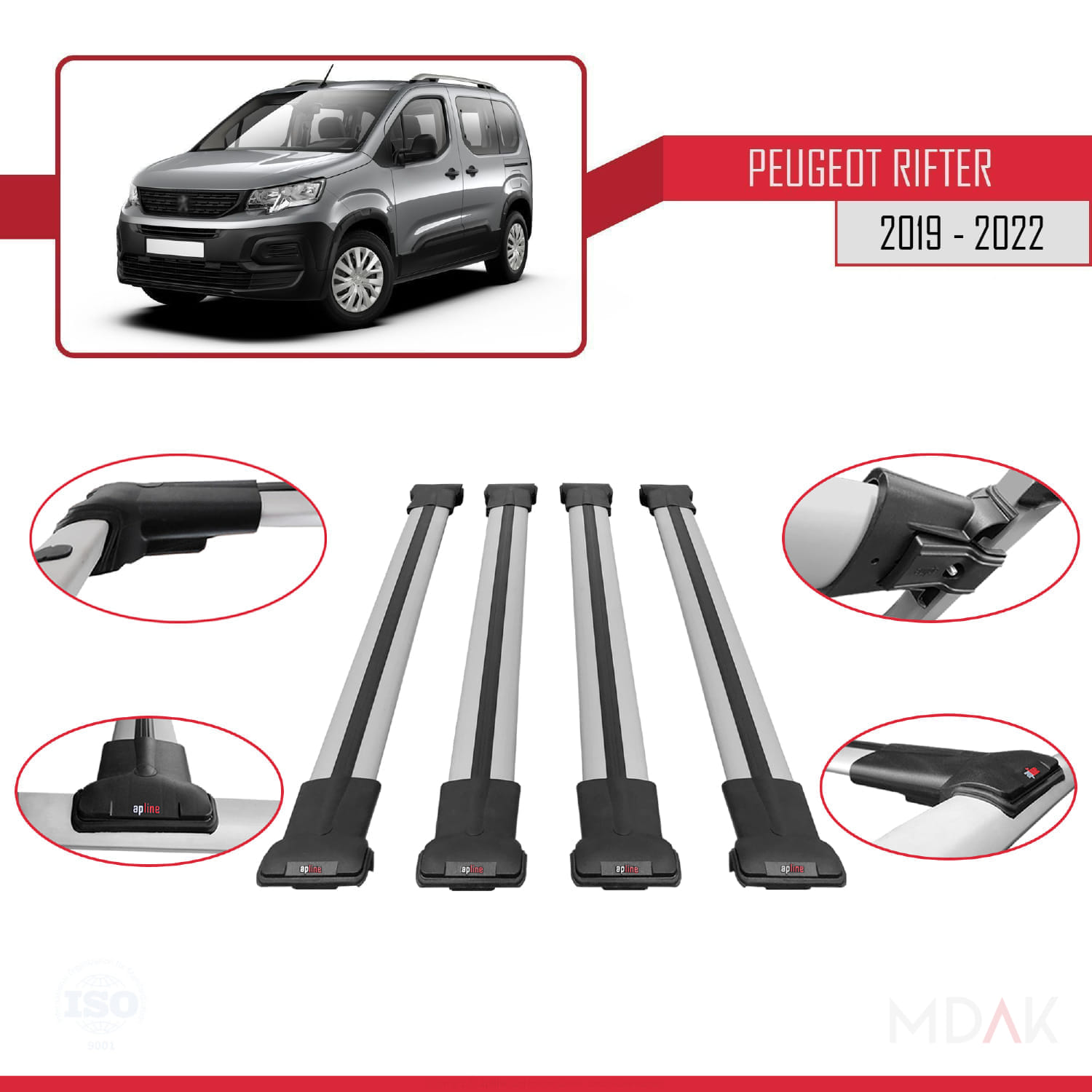 Peugeot Rifter 2019-2022 Arası ile Uyumlu FLY Model Ara Atkı Tavan Barı Gri 4 Adet - Görsel 4