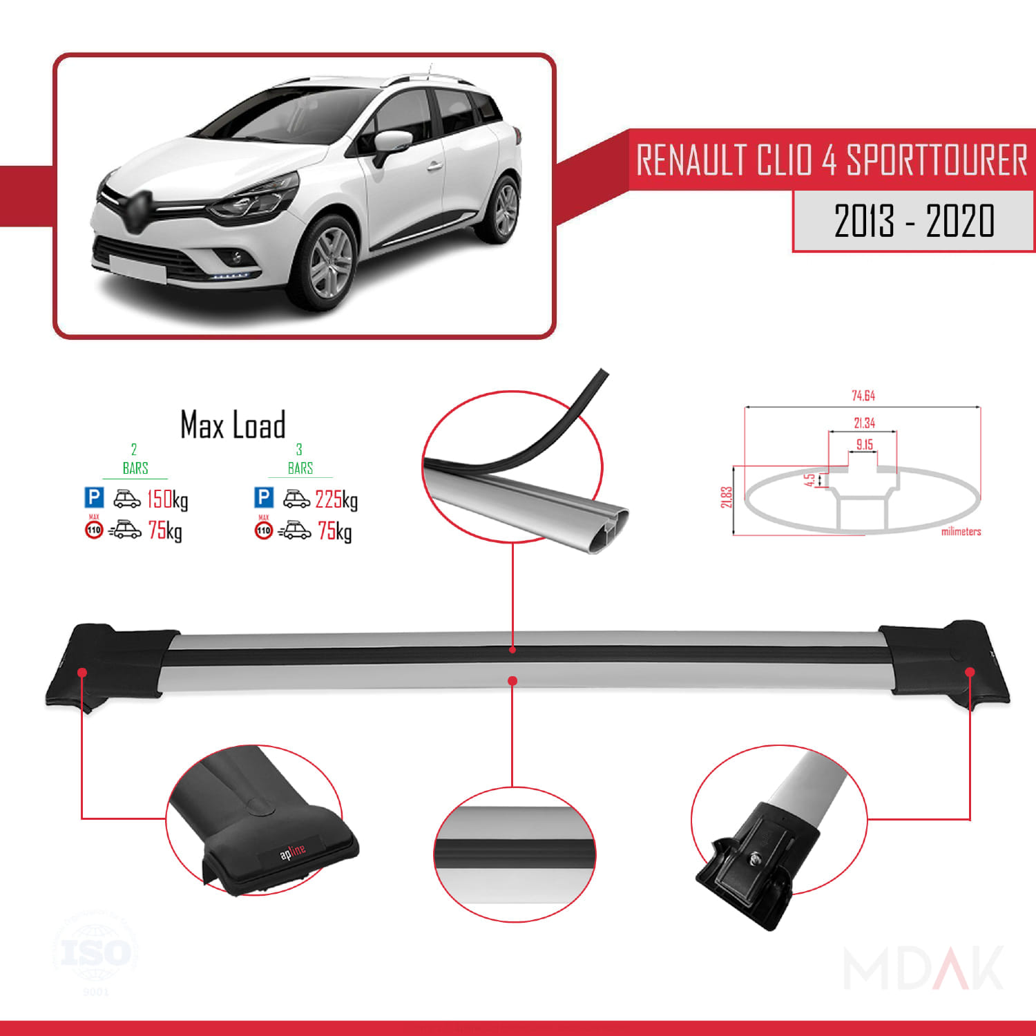 Renault Clio 4 ST 2013-2020 Arası ile Uyumlu FLY Model Ara Atkı Tavan Barı Gri 2 Adet - Görsel 4