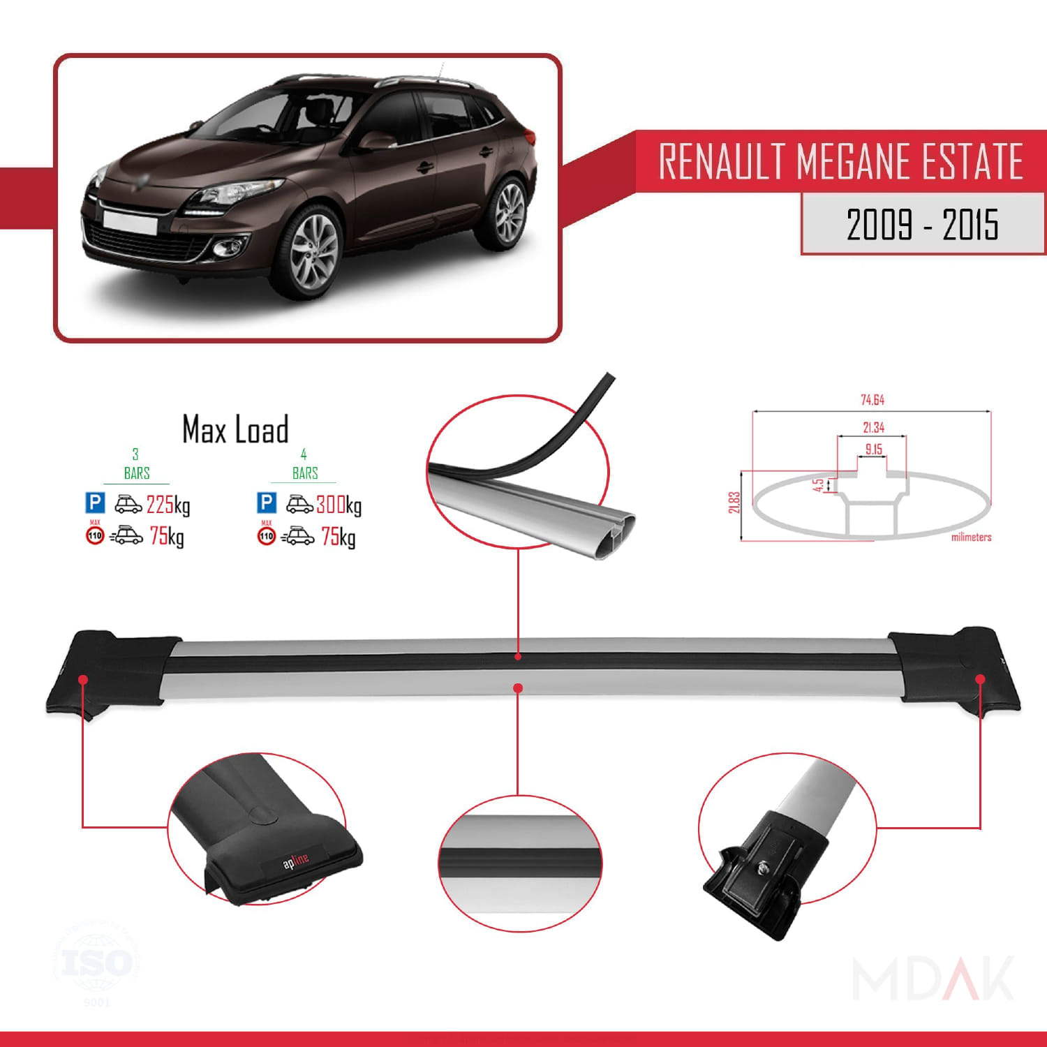 Renault Megane 3 ST 2009-2015 Arası ile Uyumlu FLY Model Ara Atkı Tavan Barı Gri 3 Adet - Görsel 3