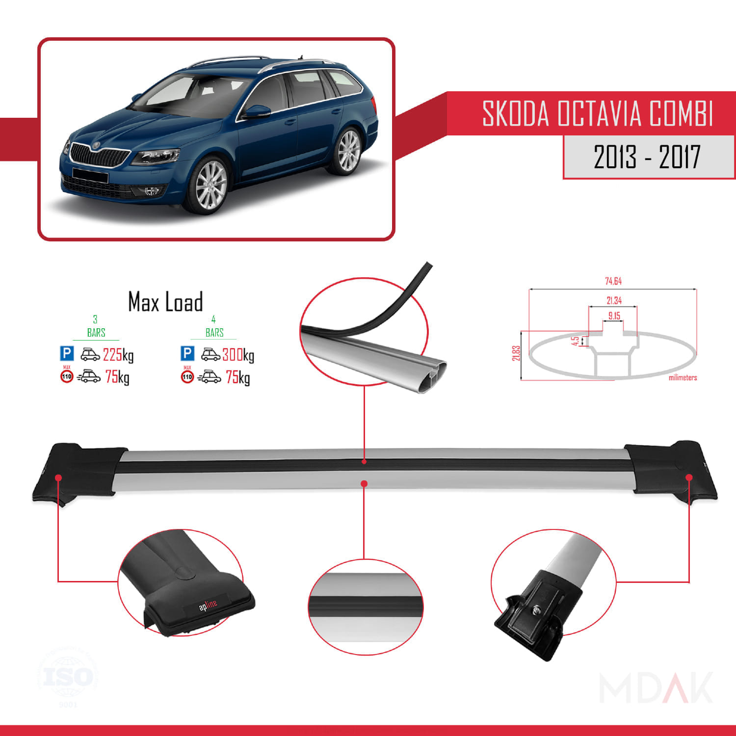 Skoda Octavia 3 (5E) Combi Pre-Facelift 2013-2017 Arası ile Uyumlu FLY Model Ara Atkı Tavan Barı Gri 3 Adet - Görsel 3