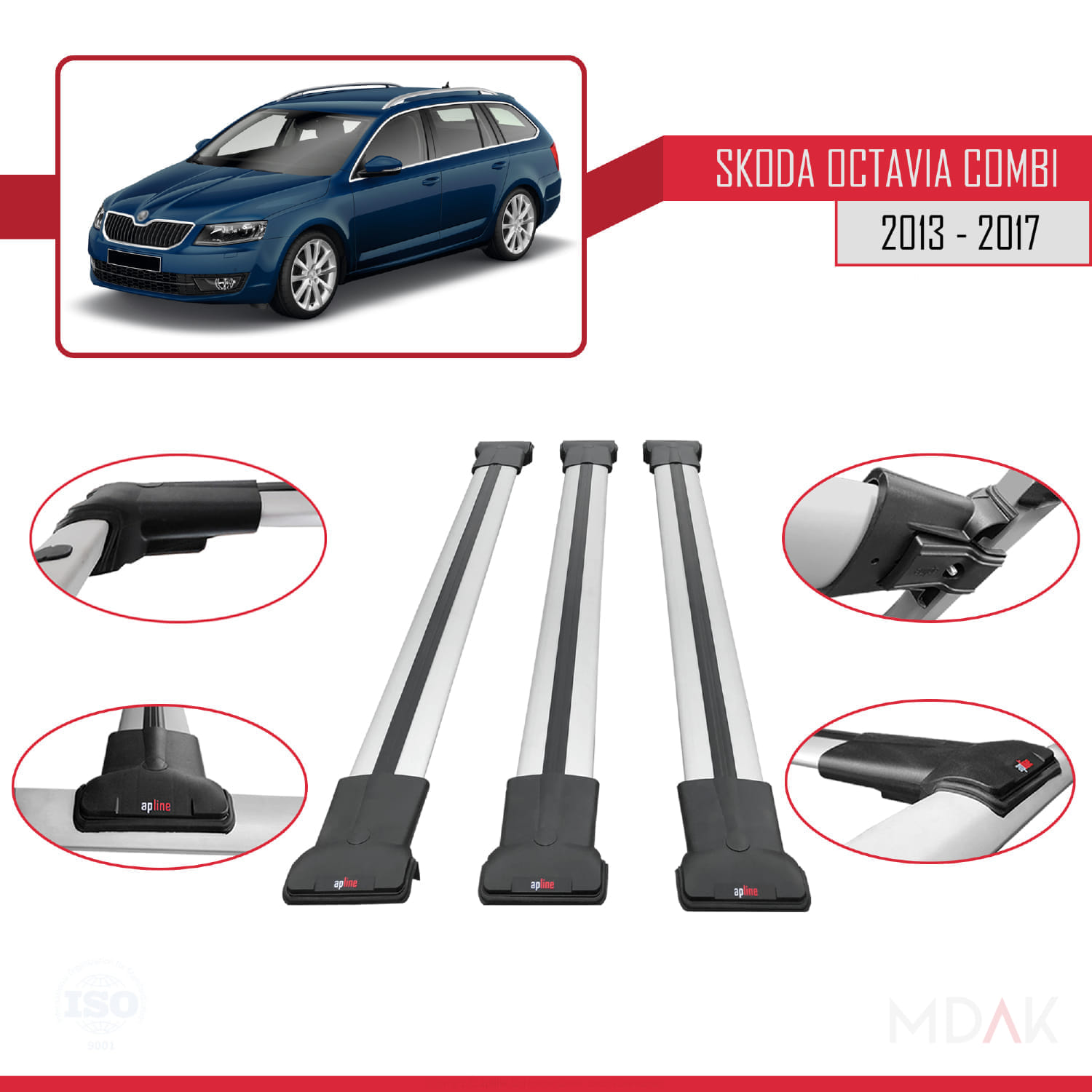 Skoda Octavia 3 (5E) Combi Pre-Facelift 2013-2017 Arası ile Uyumlu FLY Model Ara Atkı Tavan Barı Gri 3 Adet - Görsel 4
