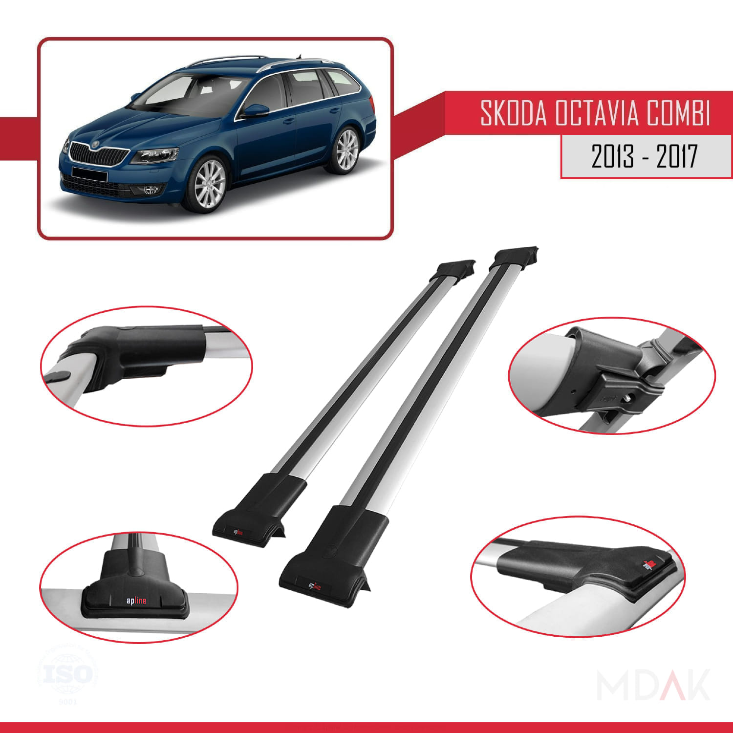Skoda Octavia 3 (5E) Combi Pre-Facelift 2013-2017 Arası ile Uyumlu FLY Model Ara Atkı Tavan Barı Gri 2 Adet - Görsel 3