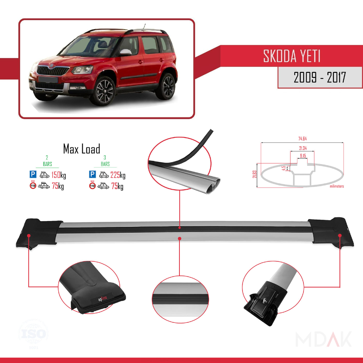 Skoda Yeti 2009-2017 Arası ile Uyumlu FLY Model Ara Atkı Tavan Barı Gri 2 Adet - Görsel 4