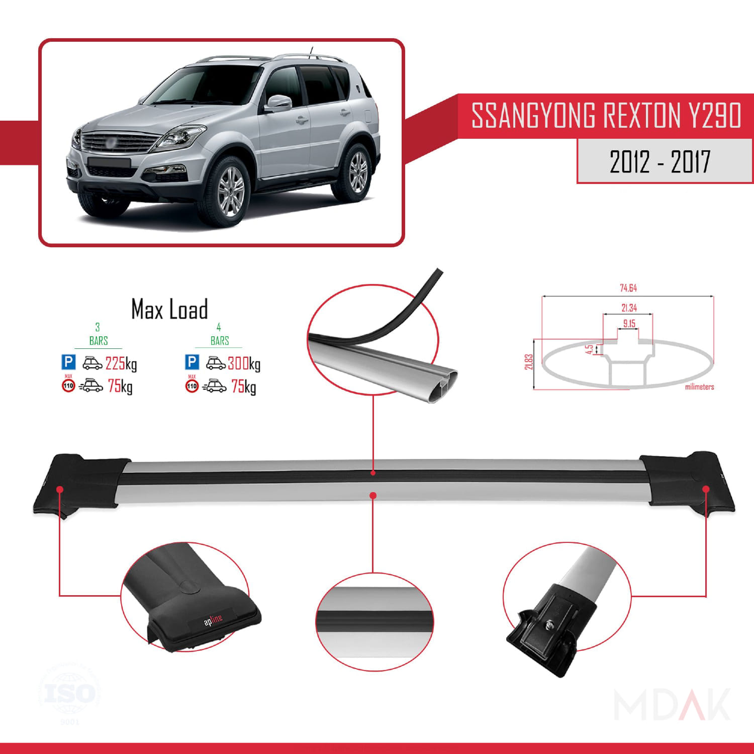 Ssangyong Rexton (Y290) 2012-2017 Arası ile Uyumlu FLY Model Ara Atkı Tavan Barı Gri 3 Adet - Görsel 3