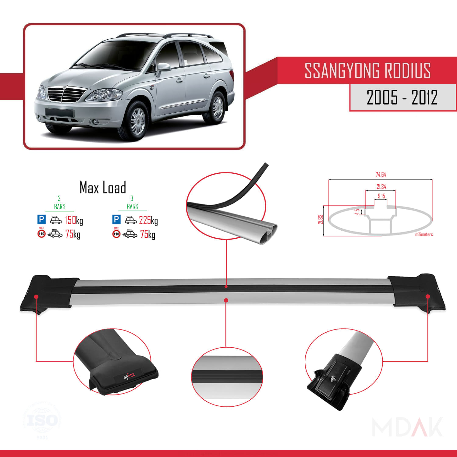 Ssangyong Rodius 2005-2012 Arası ile Uyumlu FLY Model Ara Atkı Tavan Barı Gri 2 Adet - Görsel 4