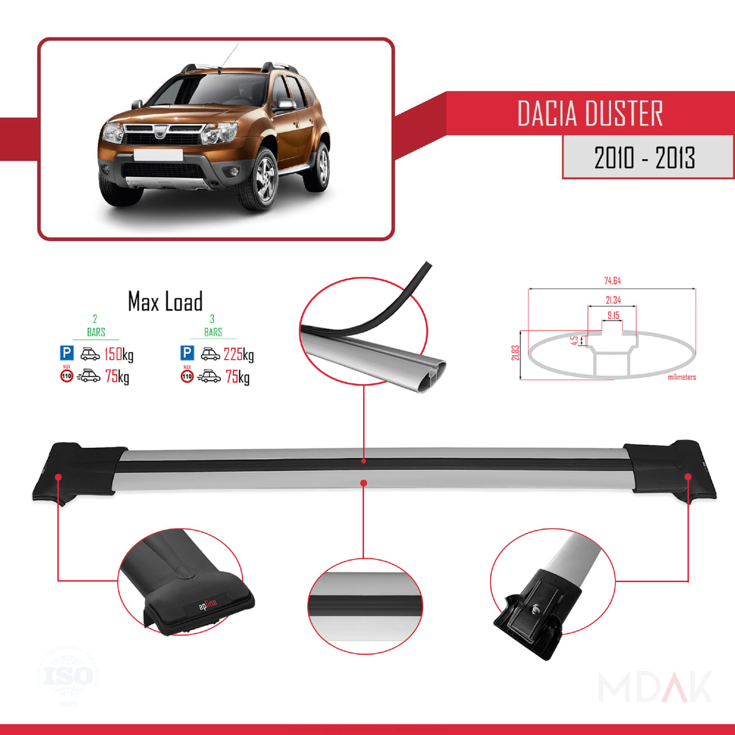 Dacia Duster (HS) Pre-Facelift 2010-2013 Arası ile Uyumlu FLY Model Ara Atkı Tavan Barı Gri 2 Adet - Görsel 4