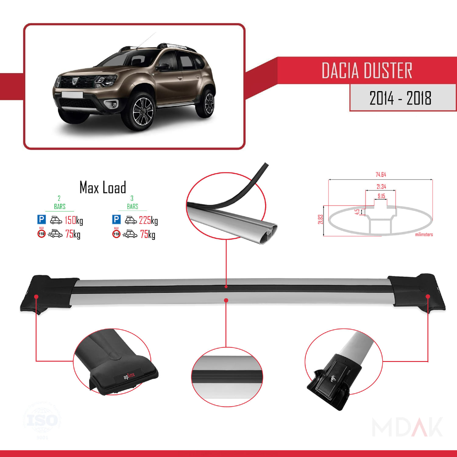 Dacia Duster (HS) Post-Facelift 2014-2017 Arası ile Uyumlu FLY Model Ara Atkı Tavan Barı Gri 2 Adet - Görsel 4