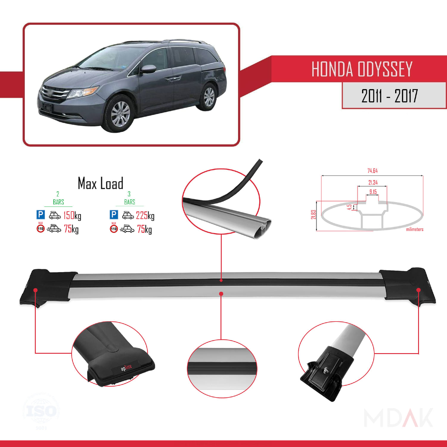 Honda Odyssey 2011-2017 Arası ile Uyumlu FLY Model Ara Atkı Tavan Barı Gri 2 Adet - Görsel 4