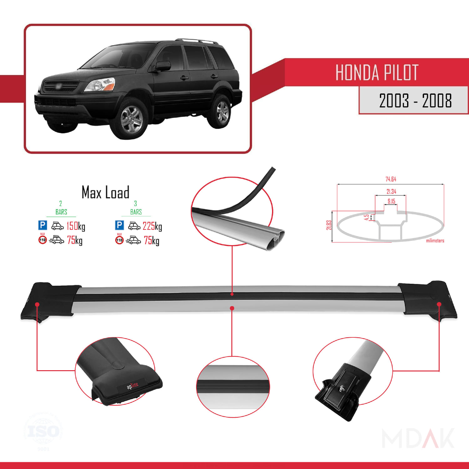 Honda Pilot 2003-2008 Arası ile Uyumlu FLY Model Ara Atkı Tavan Barı Gri 2 Adet - Görsel 4