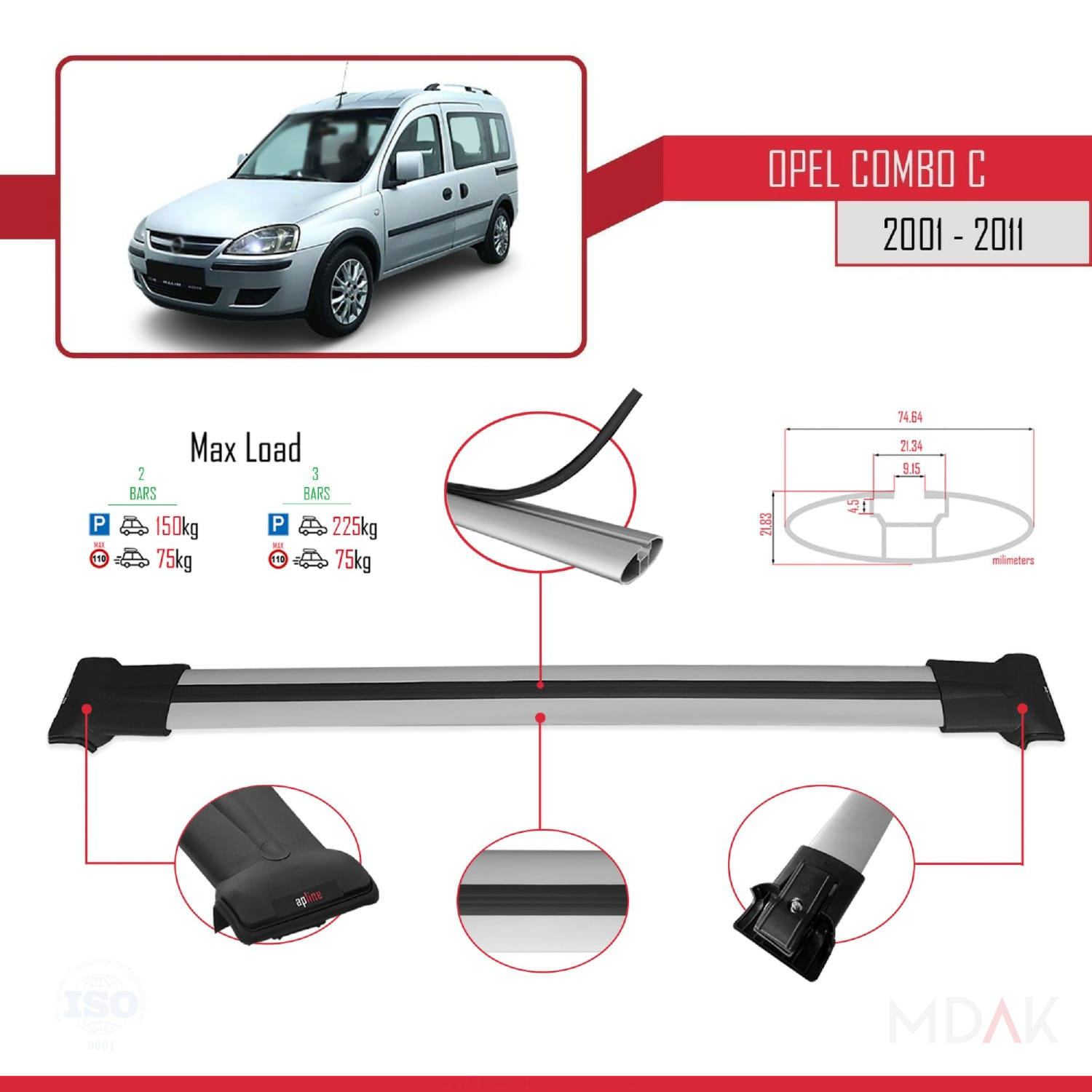 Opel Combo C 2001-2011 Arası ile Uyumlu FLY Model Ara Atkı Tavan Barı Gri 2 Adet - Görsel 4