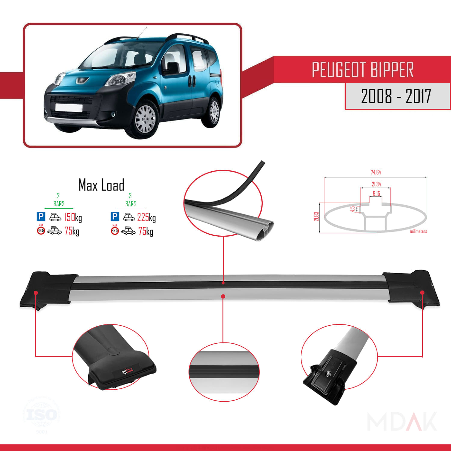 Peugeot Bipper 2008-2017 Arası ile Uyumlu FLY Model Ara Atkı Tavan Barı Gri 2 Adet - Görsel 4