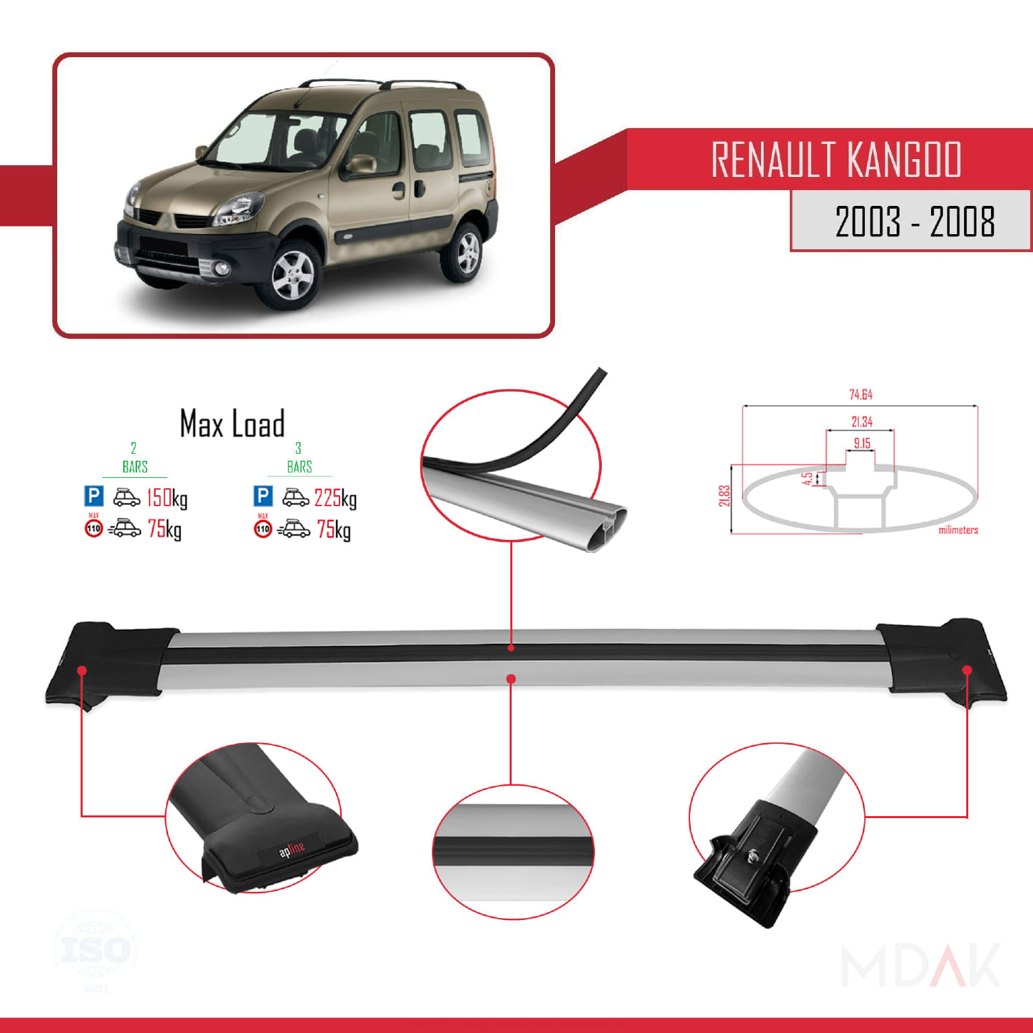 Renault Kangoo (X76) Post-Facelift 2003-2008 Arası ile Uyumlu FLY Model Ara Atkı Tavan Barı Gri 2 Adet - Görsel 4