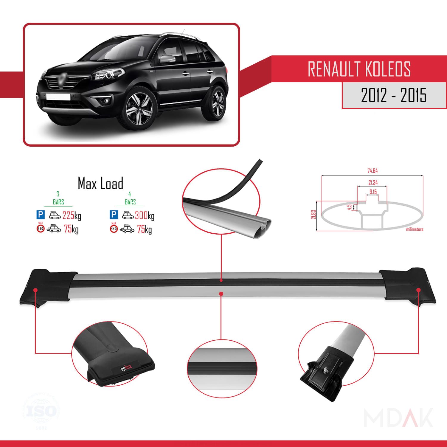Renault Koleos (HY) Post-Facelift 2012-2015 Arası ile Uyumlu FLY Model Ara Atkı Tavan Barı Gri 3 Adet - Görsel 3