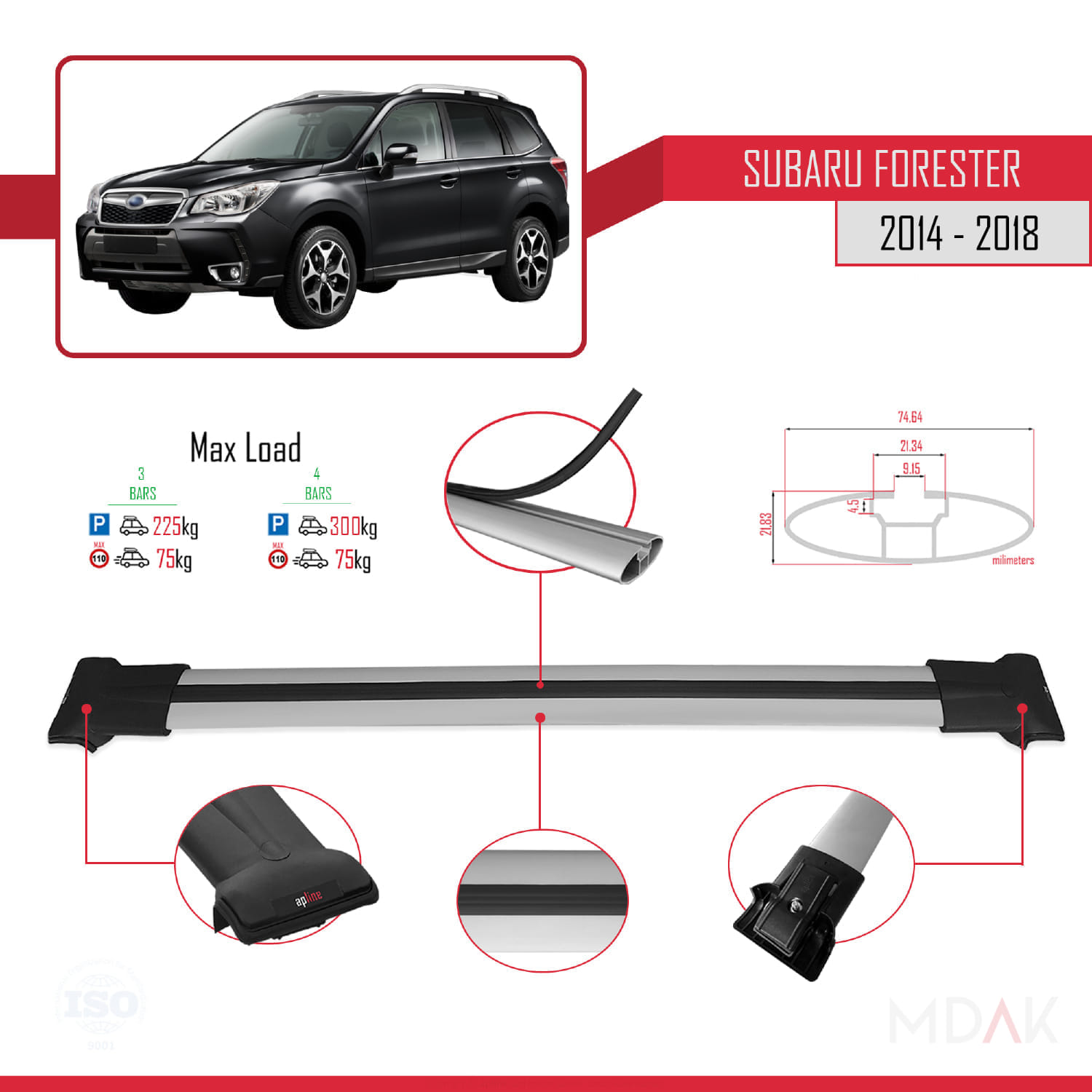 Subaru Forester 4 (SJ) 2014-2018 Arası ile Uyumlu FLY Model Ara Atkı Tavan Barı Gri 3 Adet - Görsel 3