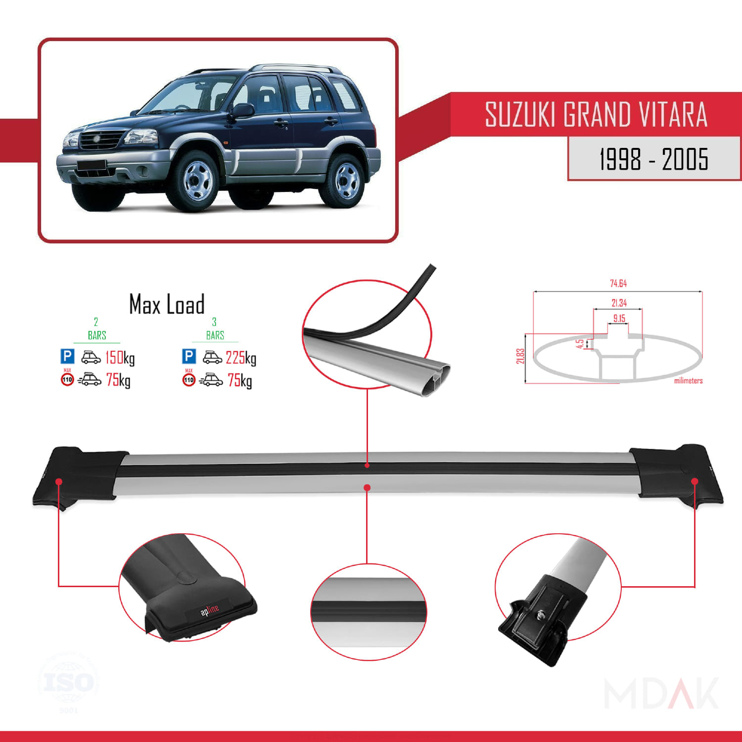 Suzuki Grand Vitara (FT) 1998-2005 Arası ile Uyumlu FLY Model Ara Atkı Tavan Barı Gri 2 Adet - Görsel 4
