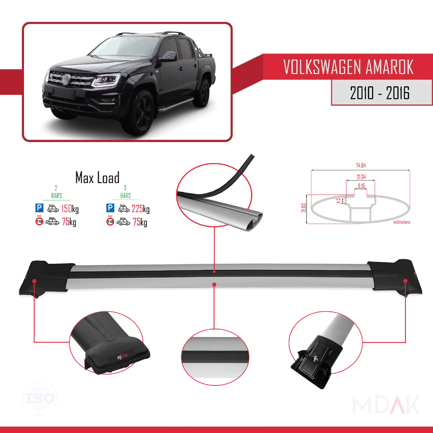 Volkswagen Amarok (2F) Pre-Facelift 2010-2016 Arası ile Uyumlu FLY Model Ara Atkı Tavan Barı Gri 2 Adet - Görsel 4
