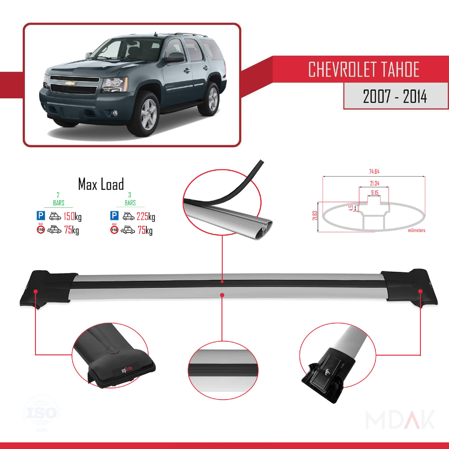 Chevrolet Tahoe 3 2007-2014 Arası ile Uyumlu FLY Model Ara Atkı Tavan Barı Gri 2 Adet - Görsel 4