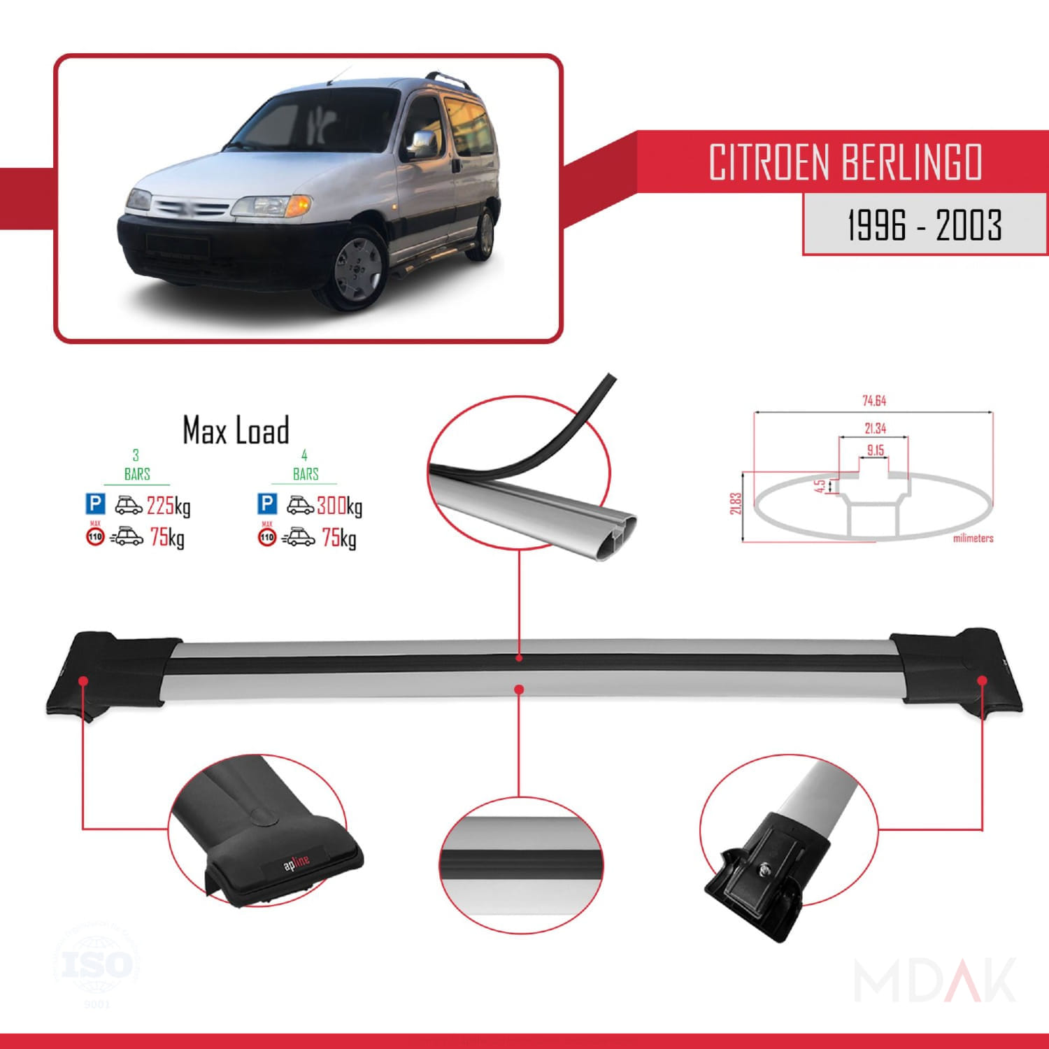 Citroen Berlingo (M49) 1996-2003 Arası ile Uyumlu FLY Model Ara Atkı Tavan Barı Gri 3 Adet - Görsel 3