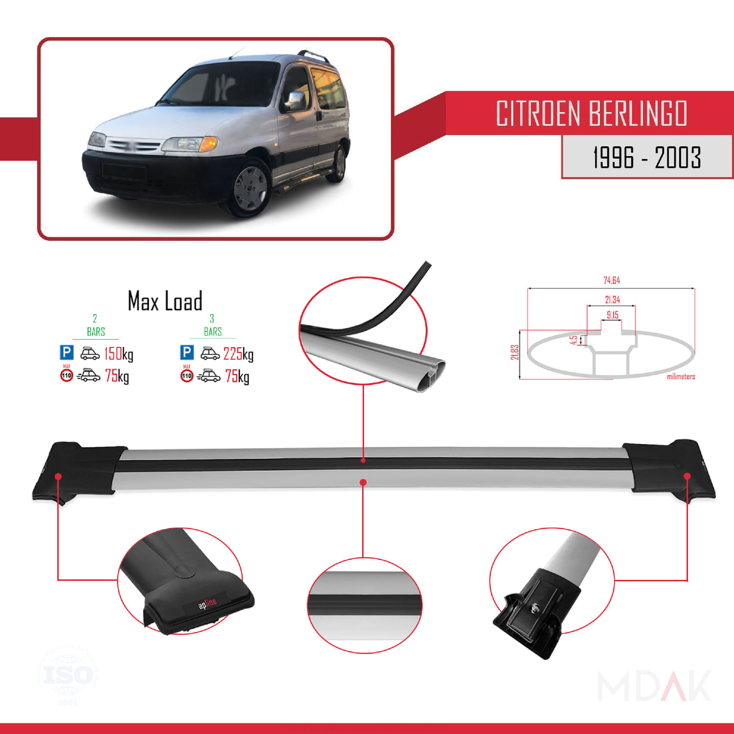Citroen Berlingo (M49) 1996-2003 Arası ile Uyumlu FLY Model Ara Atkı Tavan Barı Gri 2 Adet - Görsel 4