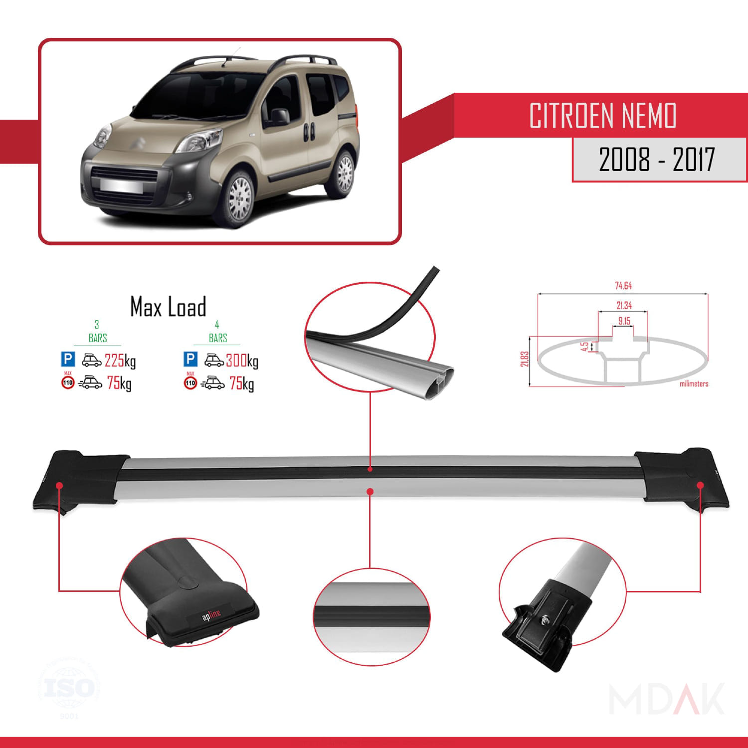 Citroen Nemo 3 (225) 2008-2017 Arası ile Uyumlu FLY Model Ara Atkı Tavan Barı Gri 3 Adet - Görsel 4