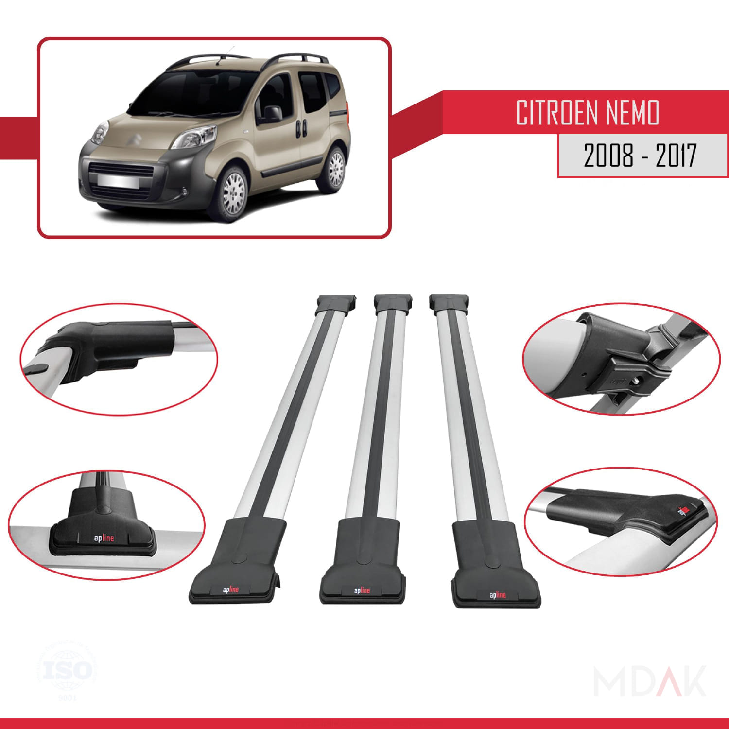 Citroen Nemo 3 (225) 2008-2017 Arası ile Uyumlu FLY Model Ara Atkı Tavan Barı Gri 3 Adet - Görsel 5