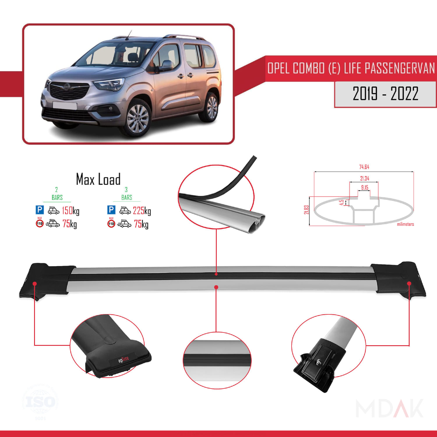 Opel Combo E Life 2019-2022 Arası ile Uyumlu FLY Model Ara Atkı Tavan Barı Gri 2 Adet - Görsel 4