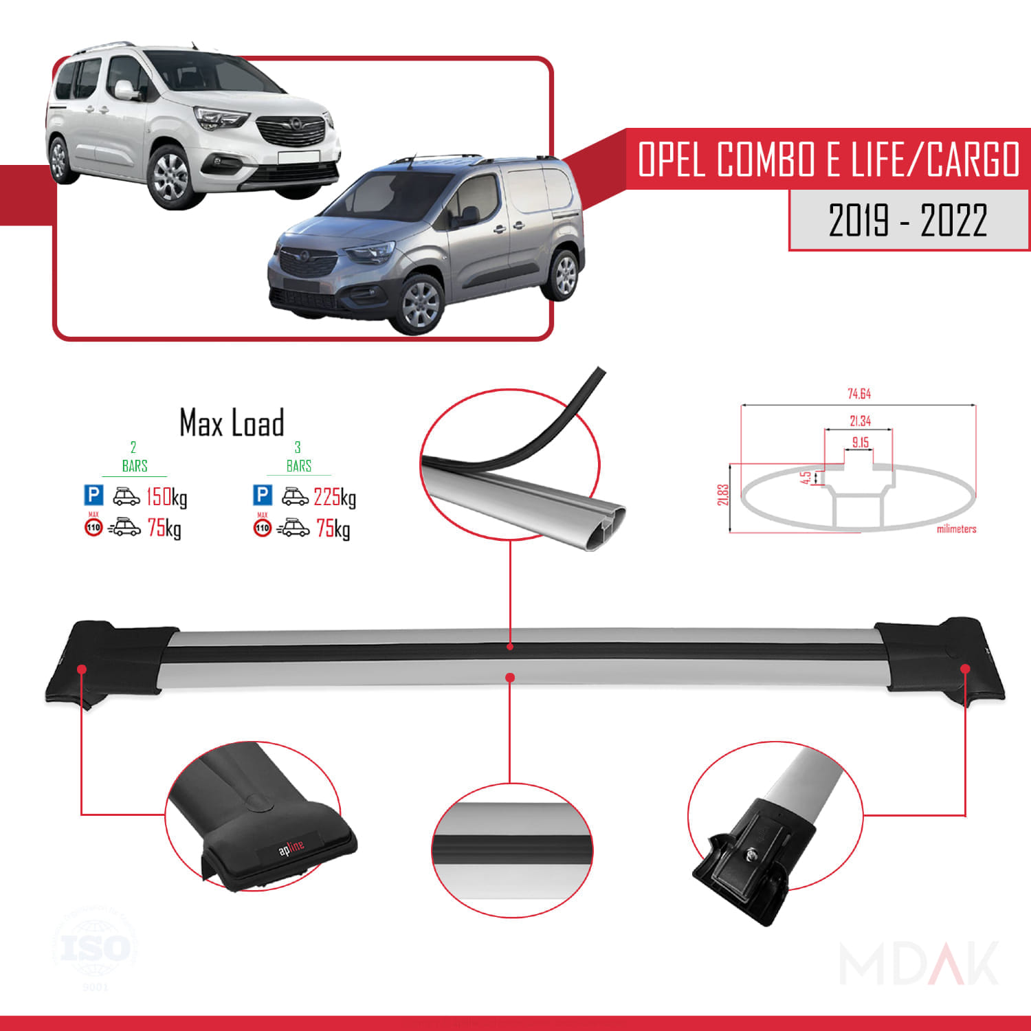 Opel Combo E 2019-2022 Arası ile Uyumlu FLY Model Ara Atkı Tavan Barı Gri 2 Adet - Görsel 4