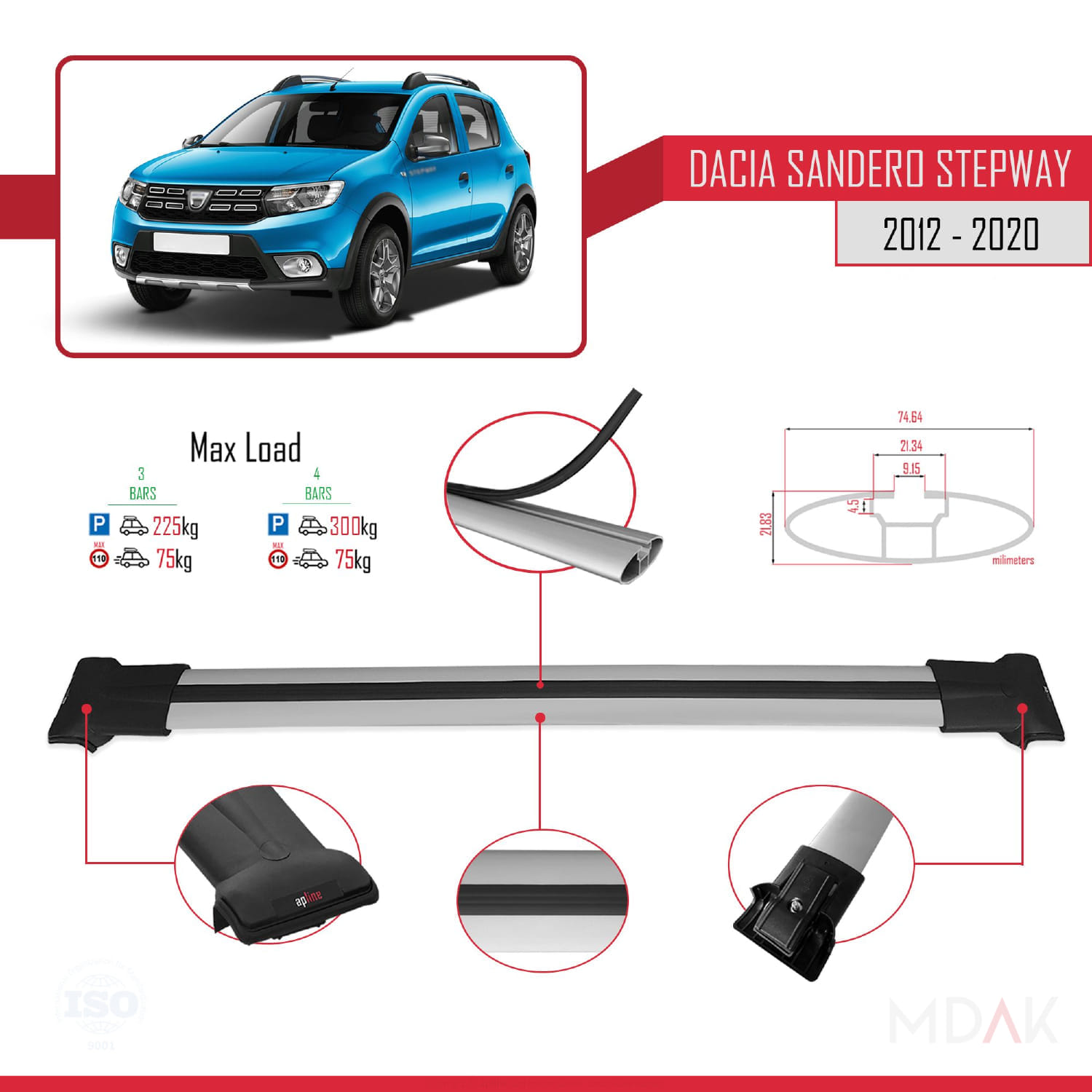 Dacia Sandero Stepway 2 2012-2020 Arası ile Uyumlu FLY Model Ara Atkı Tavan Barı Gri 3 Adet - Görsel 3