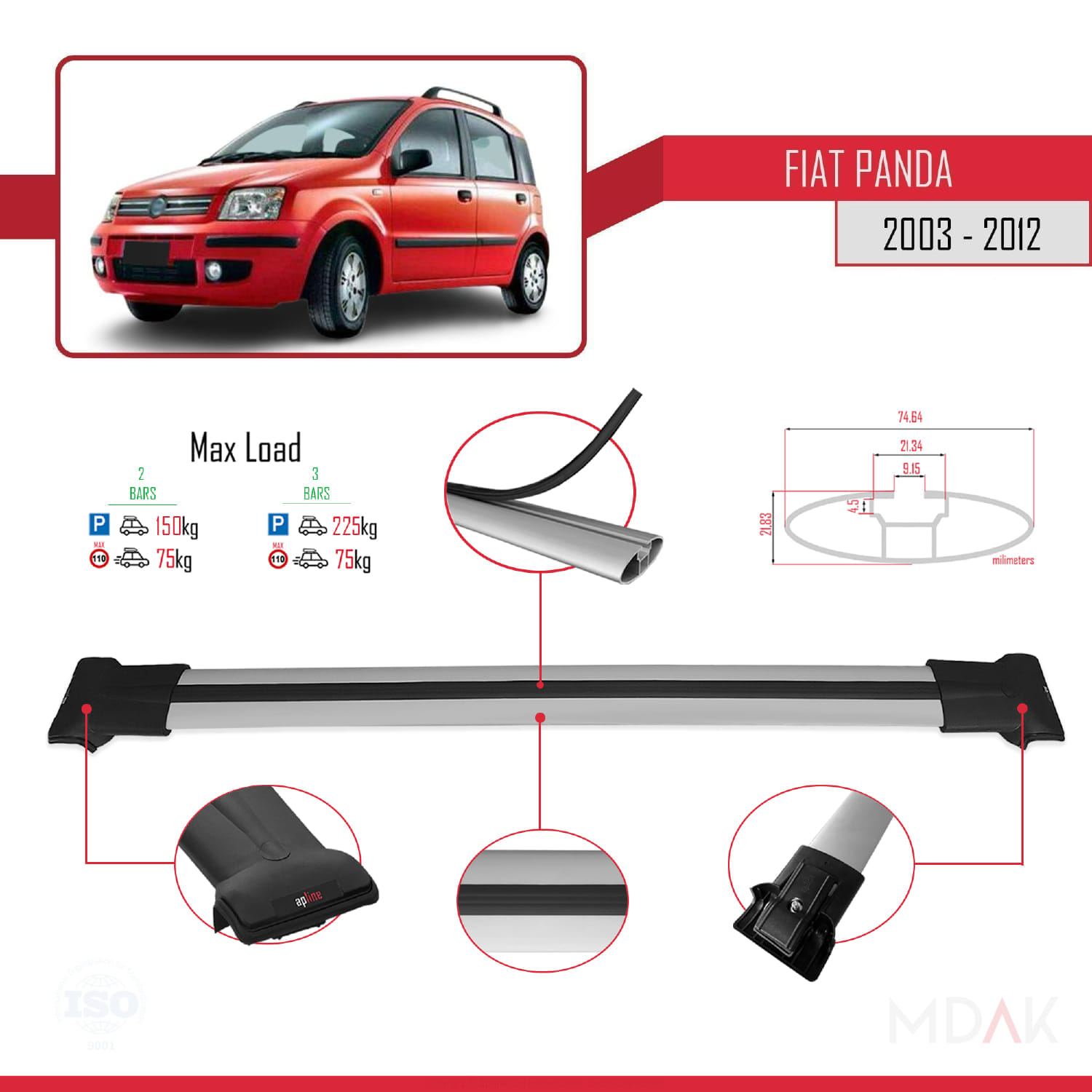 Fiat Panda 2 (169) 2003-2012 Arası ile Uyumlu FLY Model Ara Atkı Tavan Barı Gri 2 Adet - Görsel 4